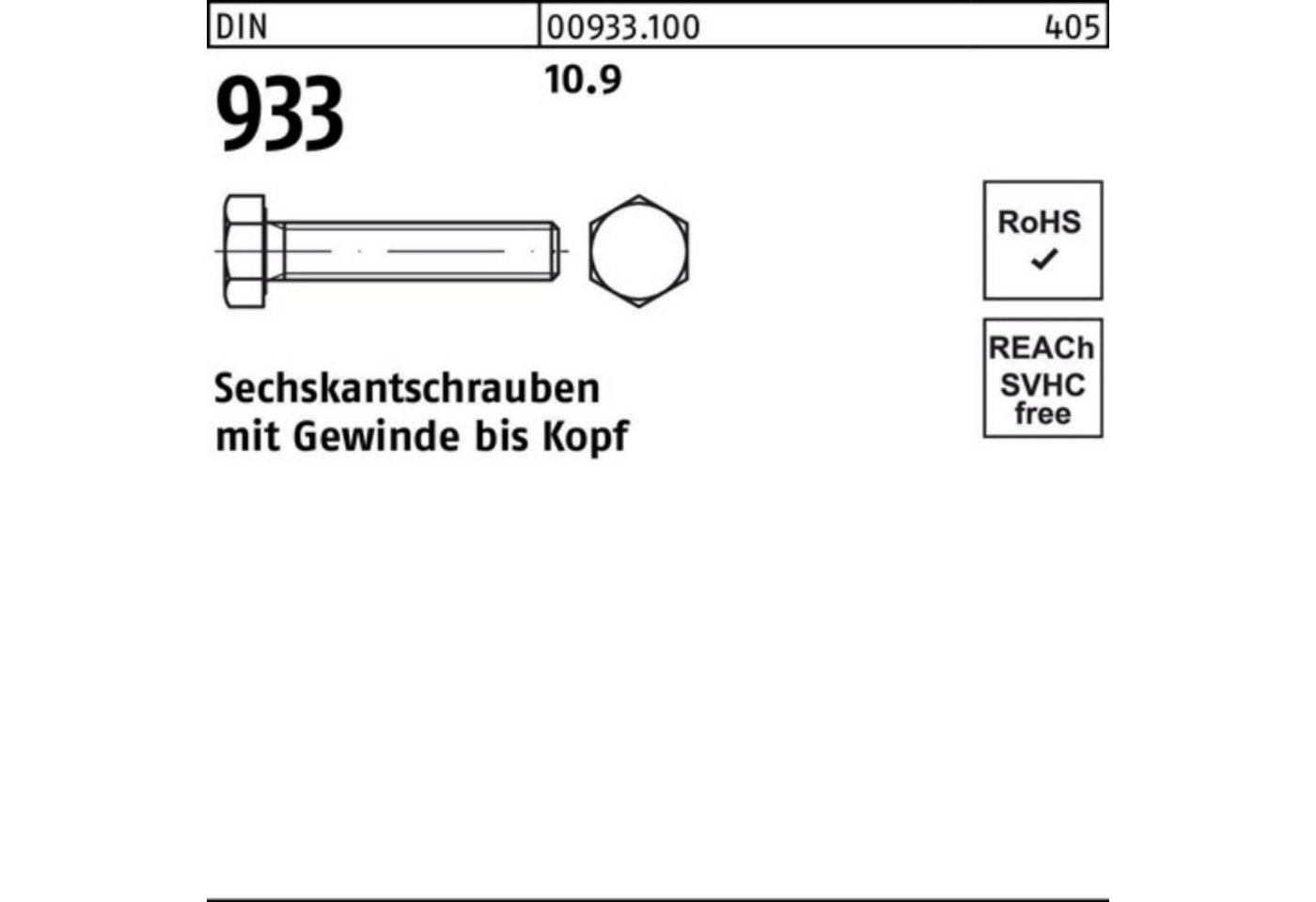 Reyher Sechskantschraube 100er Pack Sechskantschraube DIN 933 VG M27x 50 10.9 10 Stück DIN 933 von Reyher