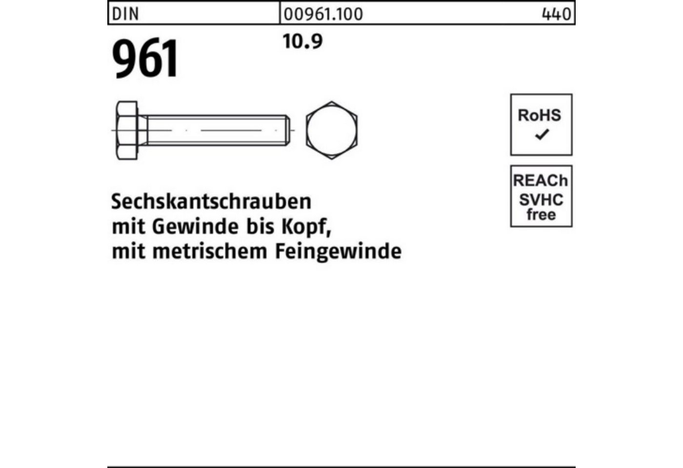 Reyher Sechskantschraube 100er Pack Sechskantschraube DIN 961 VG M12x1,5x 35 10.9 100 Stück DI von Reyher