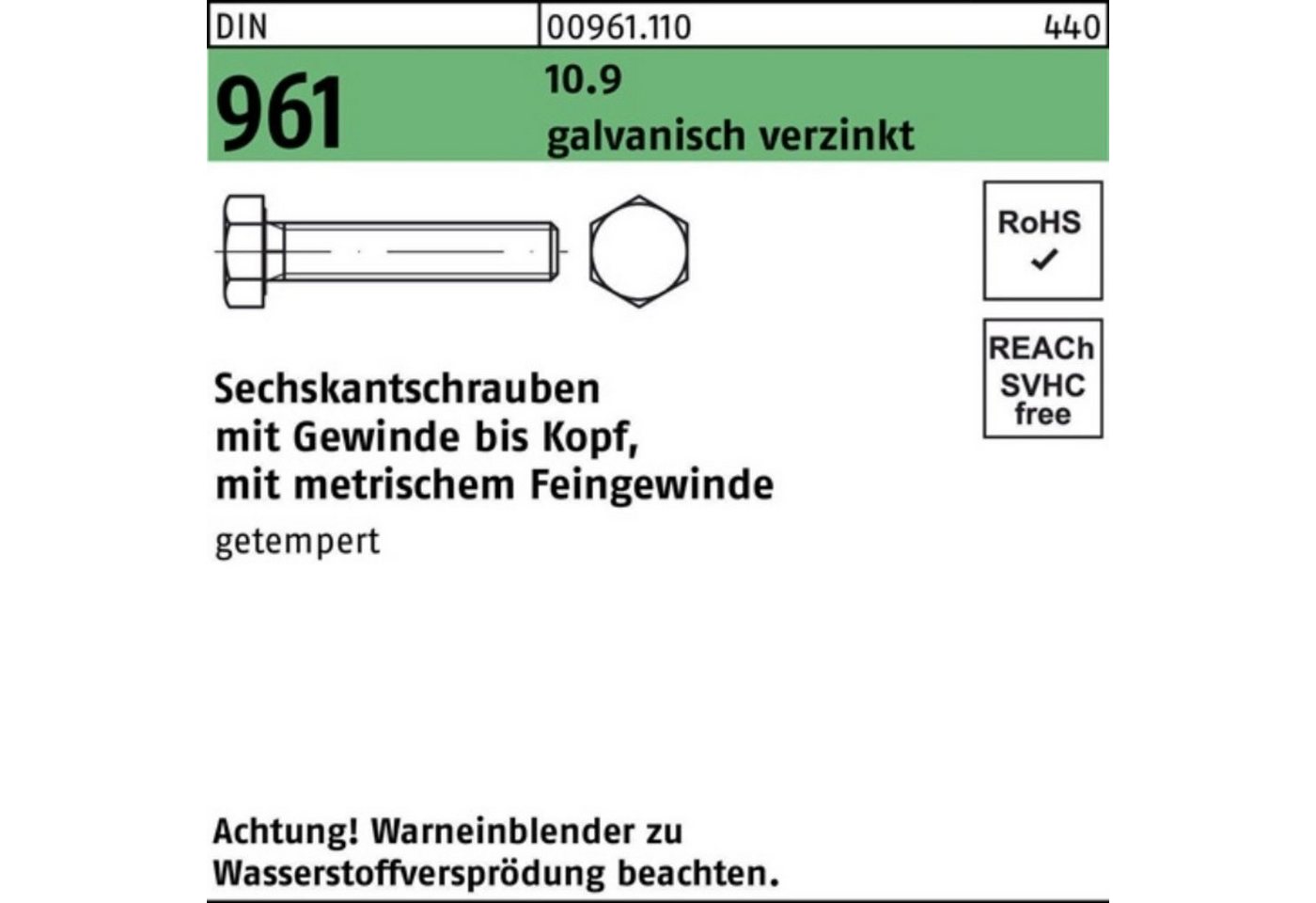 Reyher Sechskantschraube 100er Pack Sechskantschraube DIN 961 VG M14x1,5x 40 10.9 galv.verz. 10 von Reyher