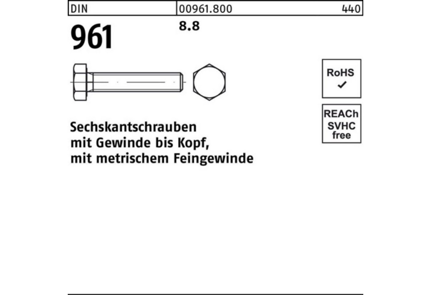 Reyher Sechskantschraube 100er Pack Sechskantschraube DIN 961 VG M20x1,5x 65 8.8 25 Stück DIN von Reyher