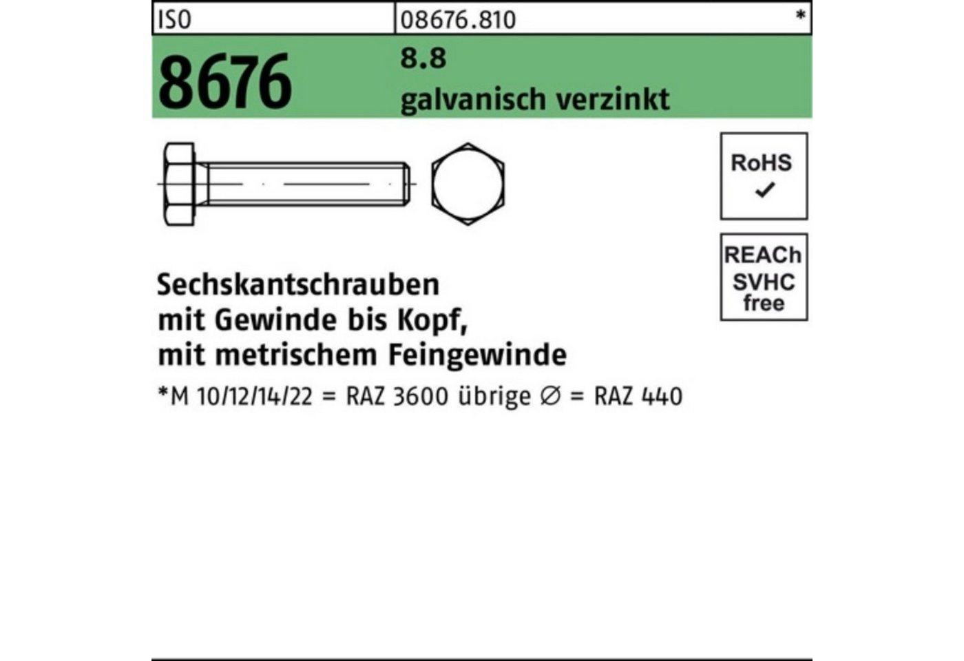 Reyher Sechskantschraube 100er Pack Sechskantschraube ISO 8676 VG M14x1,5x100 8.8 galv.verz. 50 von Reyher