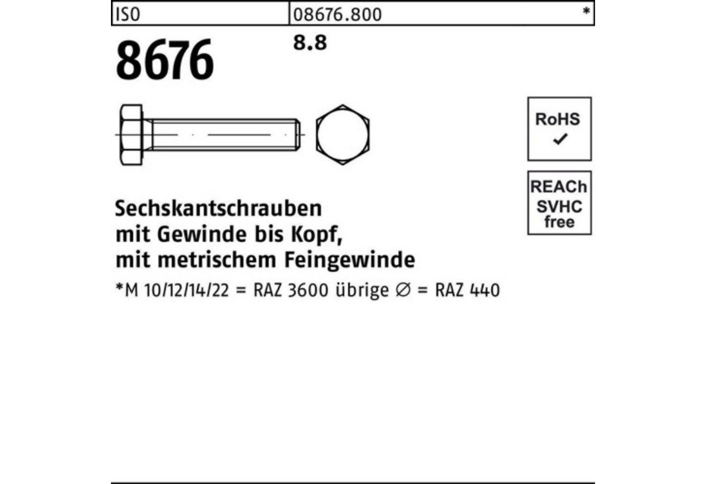 Reyher Sechskantschraube 100er Pack Sechskantschraube ISO 8676 VG M20x1,5x150 8.8 25 Stück ISO von Reyher