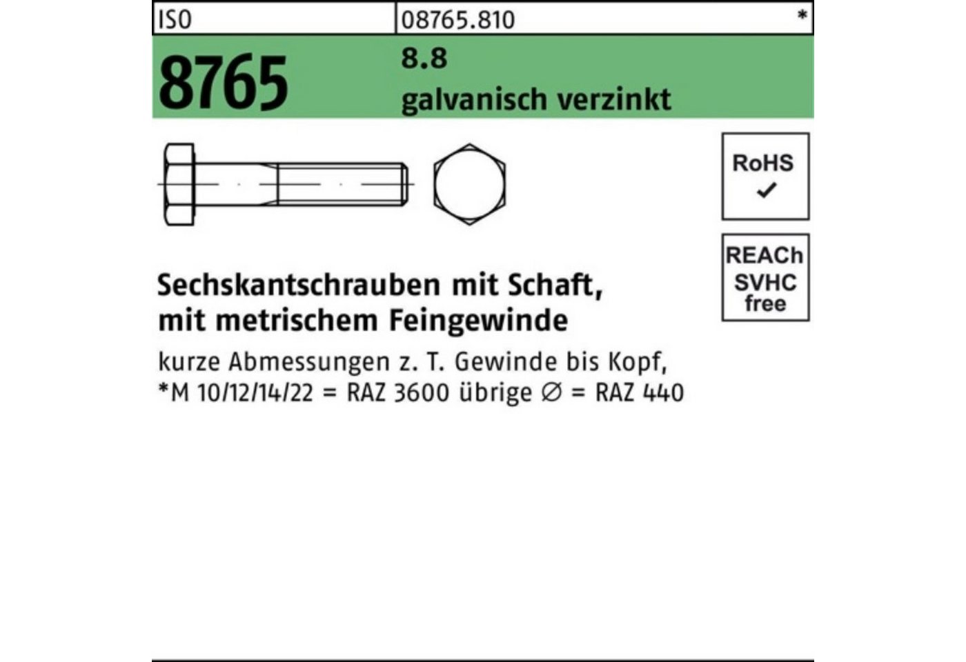 Reyher Sechskantschraube 100er Pack Sechskantschraube ISO 8765 Schaft M12x1,25x 50 8.8 galv.ver von Reyher