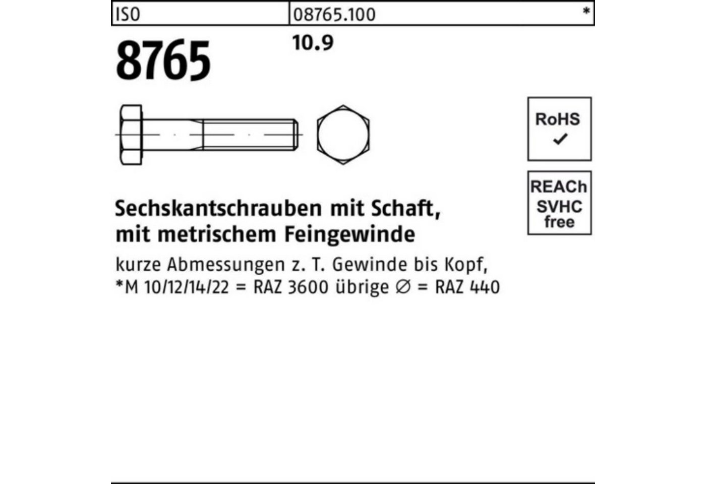 Reyher Sechskantschraube 100er Pack Sechskantschraube ISO 8765 Schaft M22x1,5x120 10.9 10 Stüc von Reyher