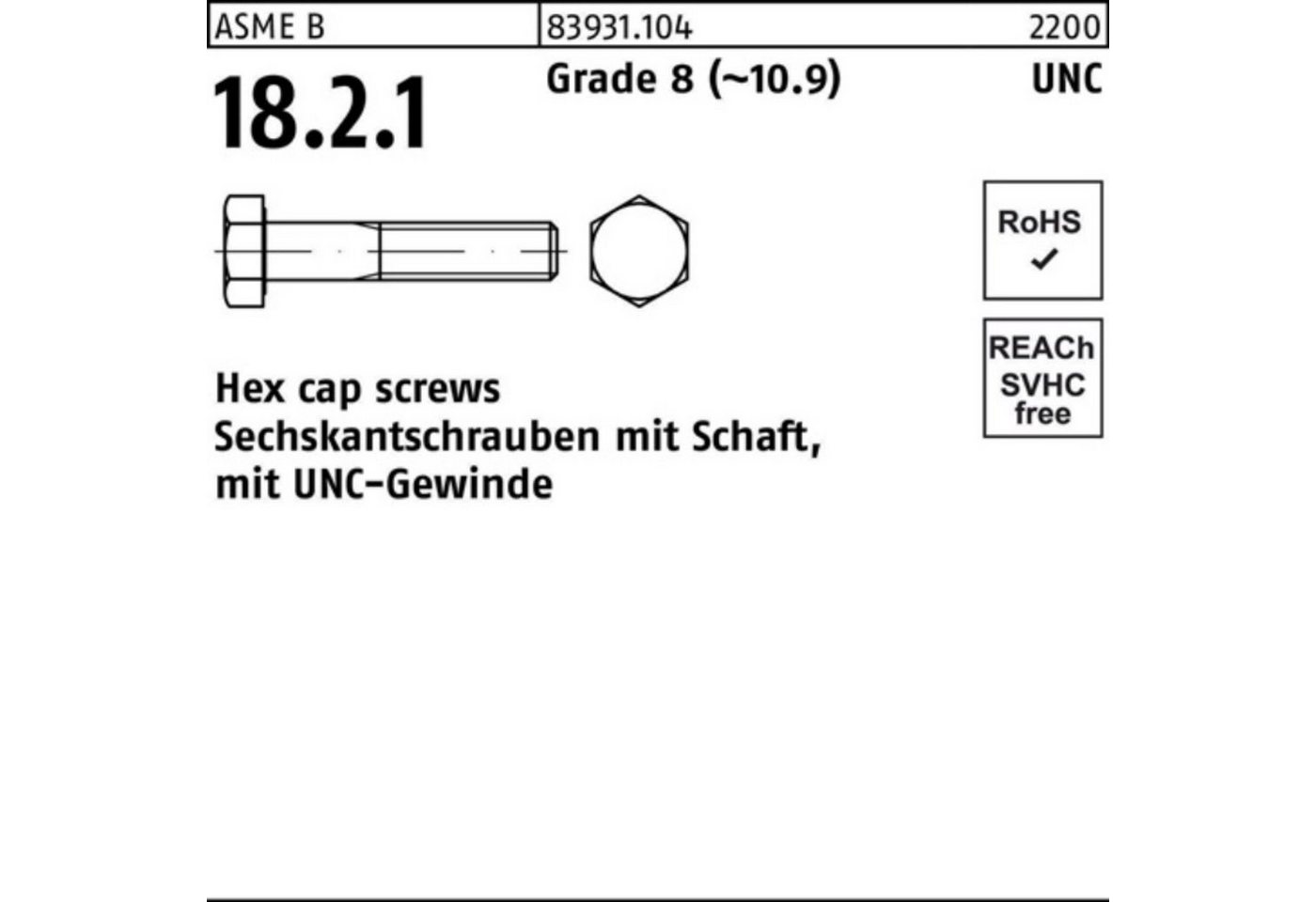 Reyher Sechskantschraube 100er Pack Sechskantschraube R 83931 UNC-Gewinde/Schaft 5/8x 3 Grade 8 von Reyher