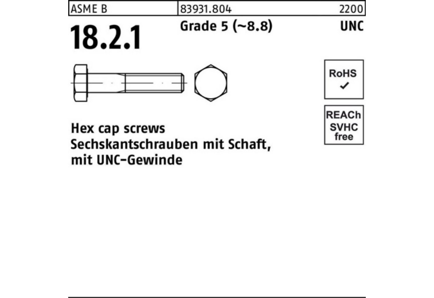 Reyher Sechskantschraube 100er Pack Sechskantschraube R 83931 UNC-Gewinde/Schaft 7/8x 4 Grade 5 von Reyher