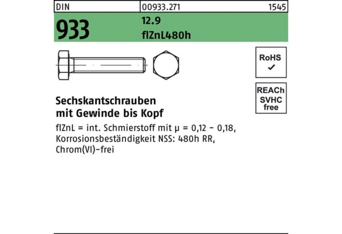 Reyher Sechskantschraube 200er Pack Sechskantschraube DIN 933 VG M8x 30 12.9 flZnL 480h zinklam von Reyher
