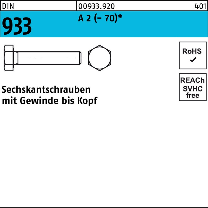 Reyher Sechskantschraube Bolzen Din 933 M10x30 A2 70 Edelstahl 100 Stück B-Ware von Reyher