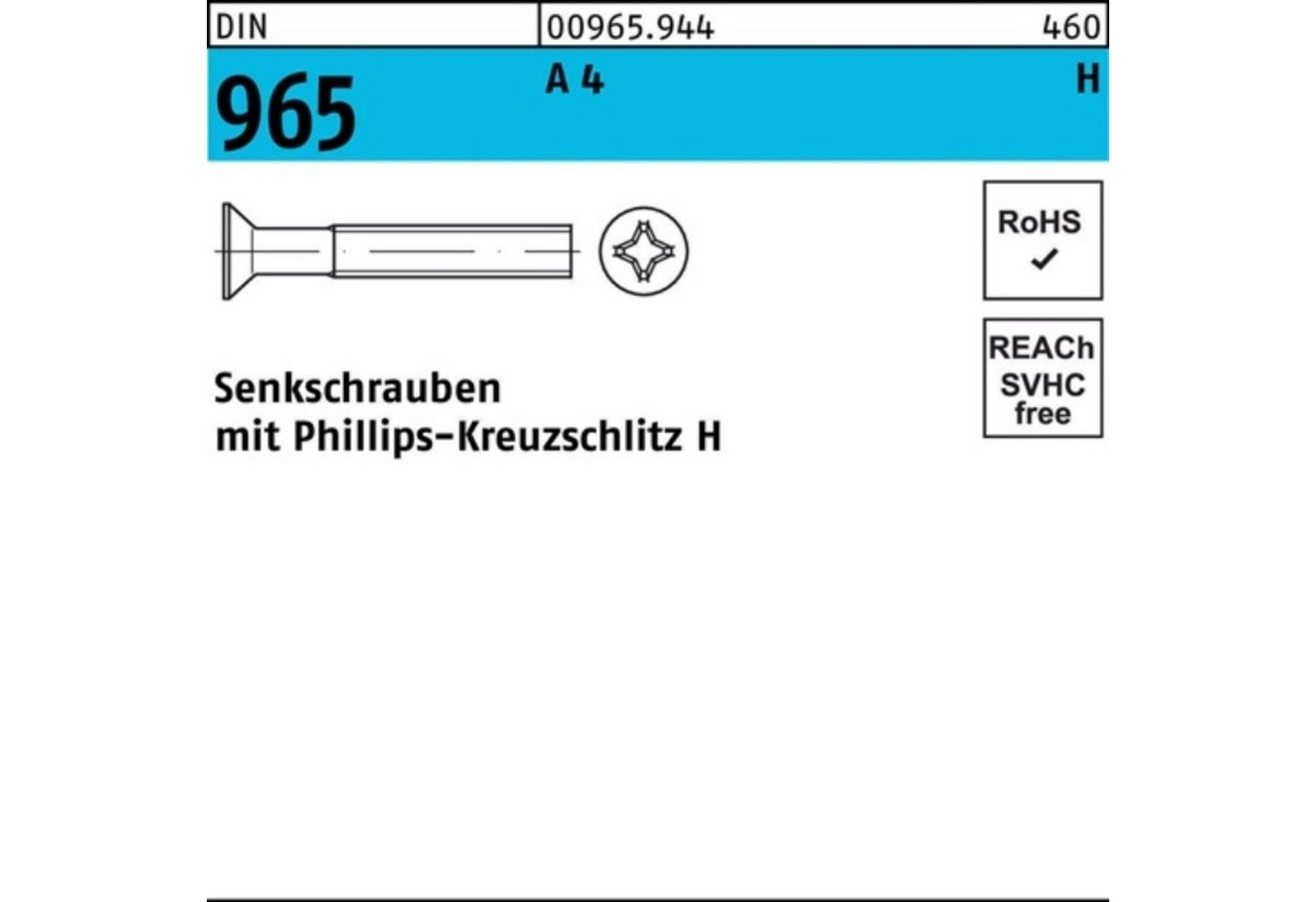 Reyher Senkschraube 1000er Pack Senkschraube DIN 965 PH M2,5x 12-H A 4 1000 Stück DIN 965 von Reyher