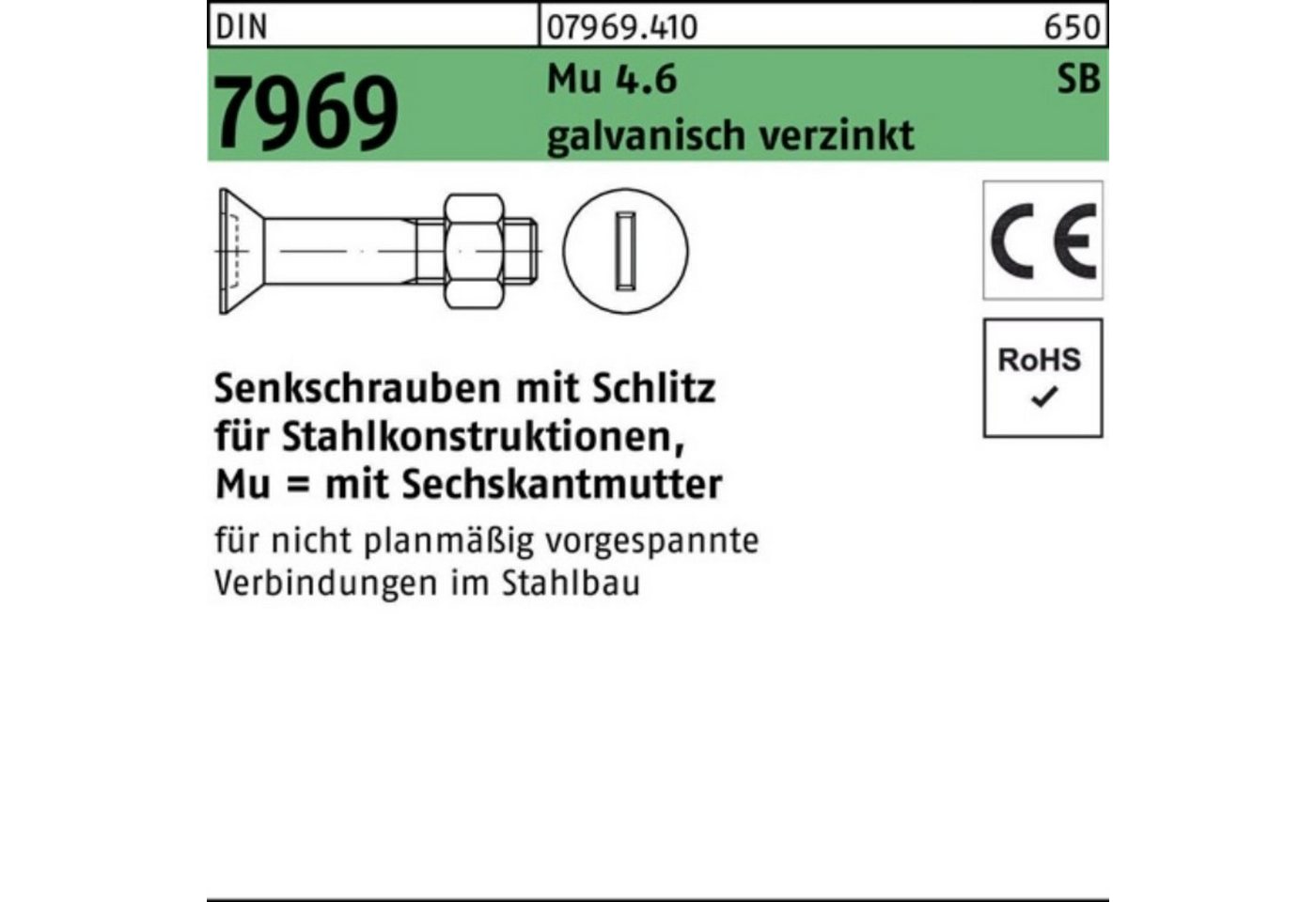 Reyher Senkschraube 100er Pack Senkschraube DIN 7969 Schlitz/Mutter M12x 80 4.6 galv.verz. von Reyher