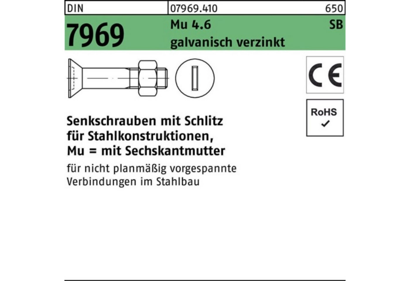 Reyher Senkschraube 100er Pack Senkschraube DIN 7969 Schlitz/Mutter M20x 100 4.6 galv.verz von Reyher