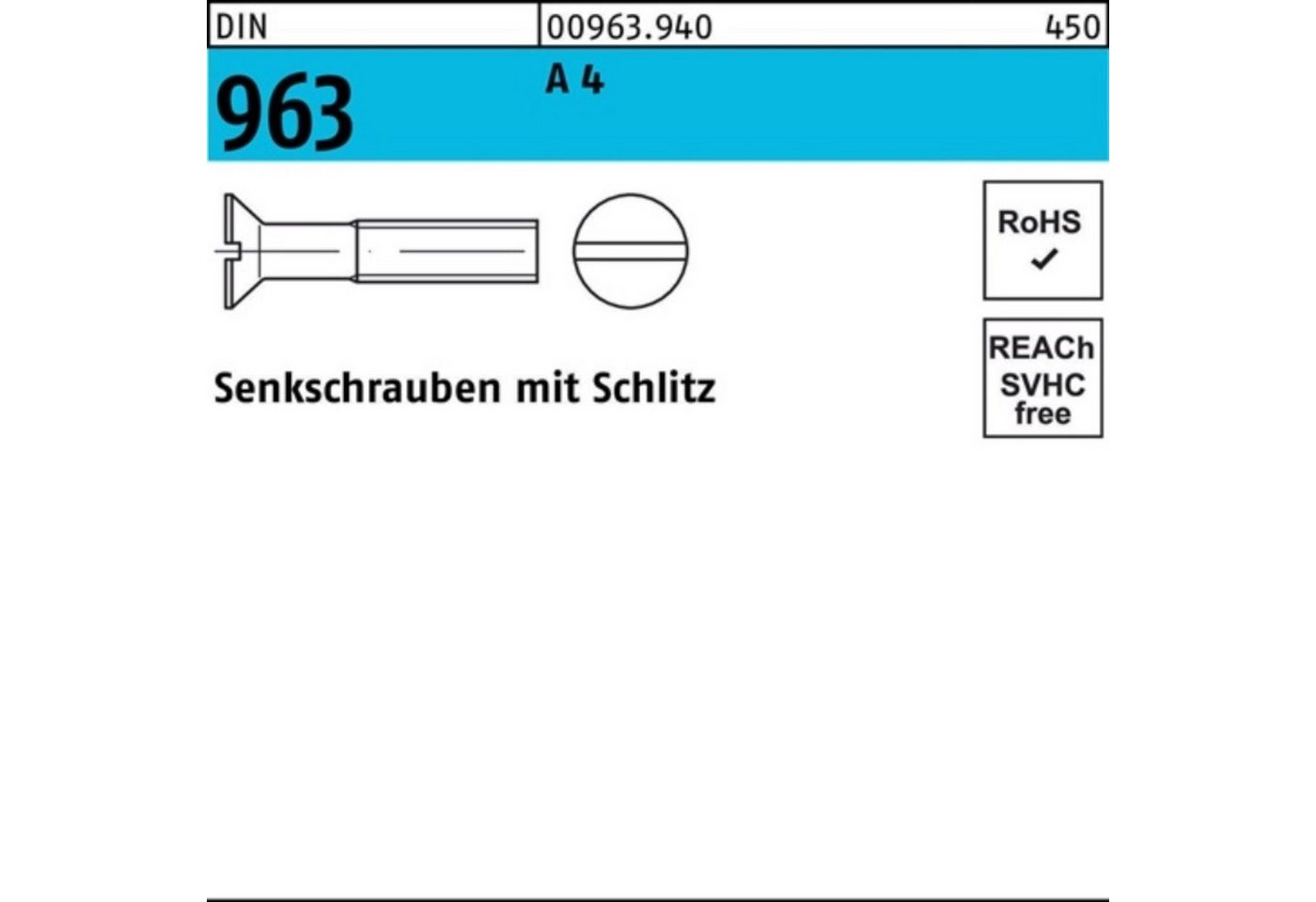 Reyher Senkschraube 100er Pack Senkschraube DIN 963 Schlitz M8x 100 A 4 50 Stück DIN 963 von Reyher