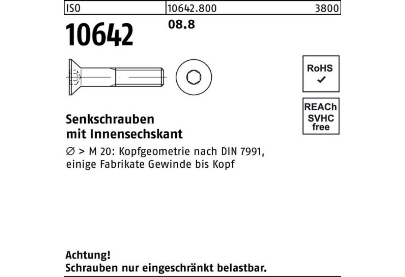 Reyher Senkschraube 100er Pack Senkschraube ISO 10642 Innen-6kt M16x 150 8.8 25 Stück ISO von Reyher