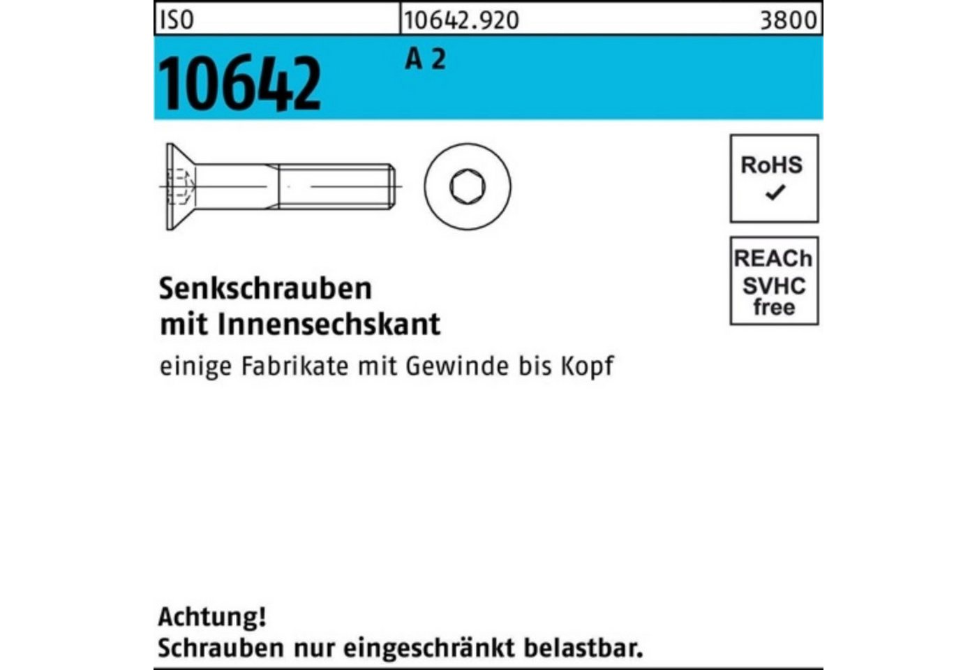 Reyher Senkschraube 100er Pack Senkschraube ISO 10642 Innen-6kt M16x 150 A 2 25 Stück ISO von Reyher