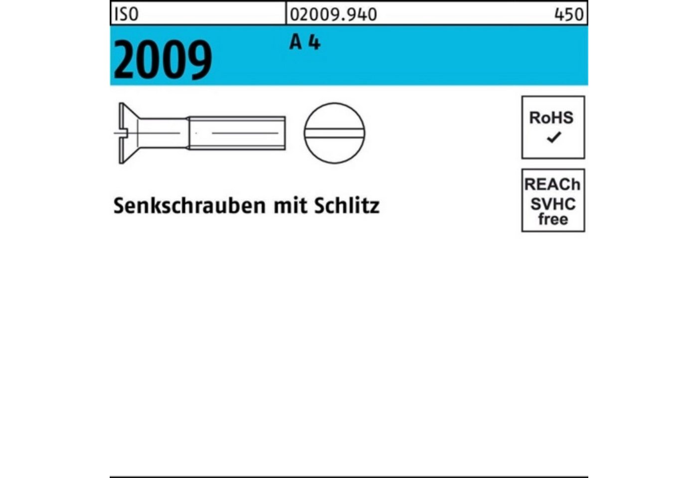 Reyher Senkschraube 100er Pack Senkschraube ISO 2009 Schlitz M5x 45 A 4 100 Stück ISO 200 von Reyher