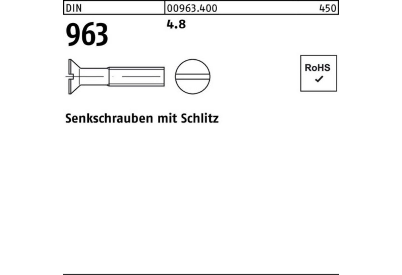 Reyher Senkschraube 200er Pack Senkschraube DIN 963 Schlitz M8x 60 4.8 200 Stück DIN 963 von Reyher