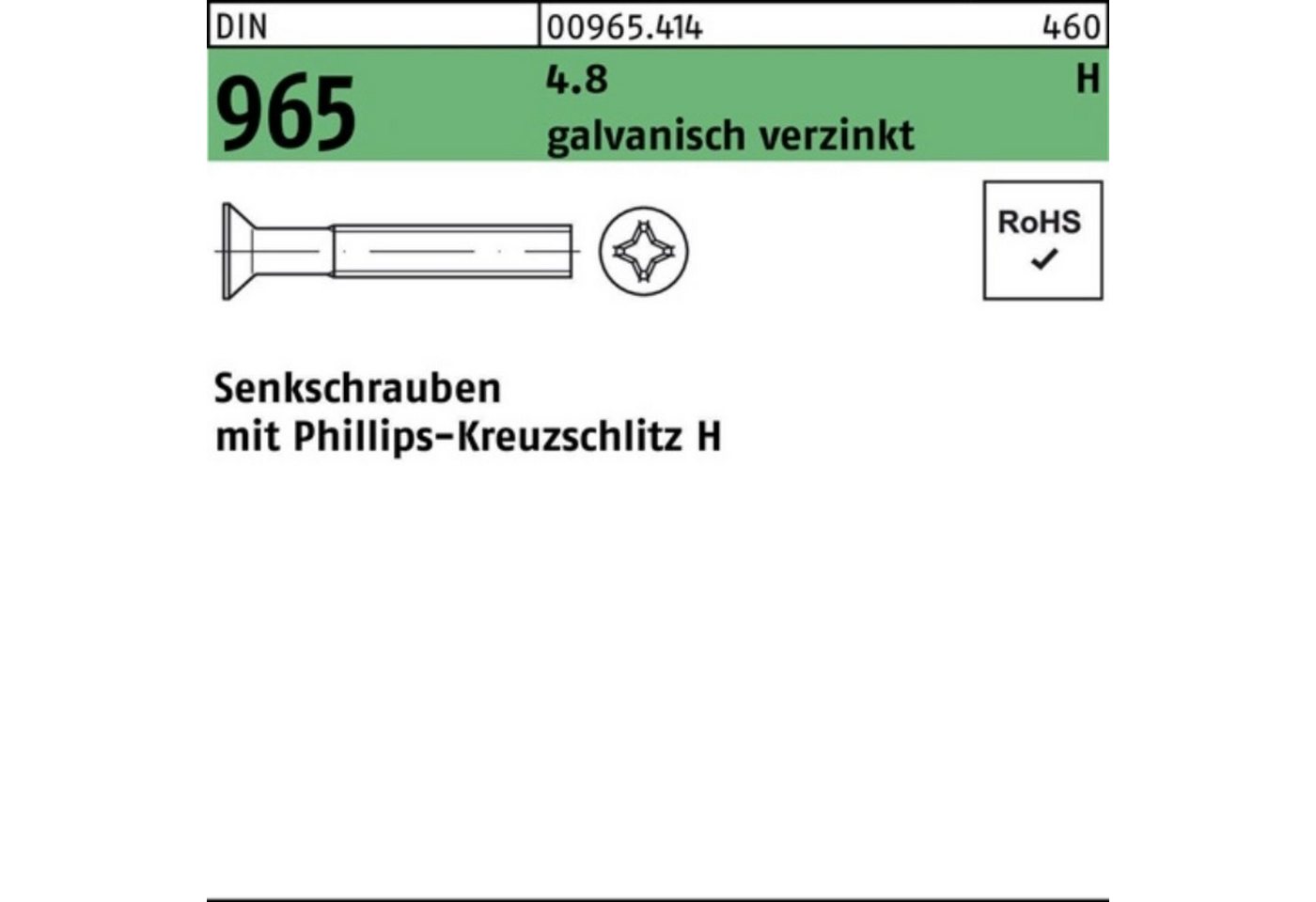Reyher Senkschraube 200er Pack Senkschraube DIN 965 PH M4x 14-H 4.8 galv.verz. 200St. DIN von Reyher