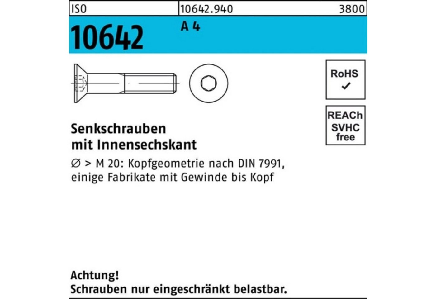 Reyher Senkschraube 200er Pack Senkschraube ISO 10642 Innen-6kt M8x 12 A 4 200 Stück ISO von Reyher