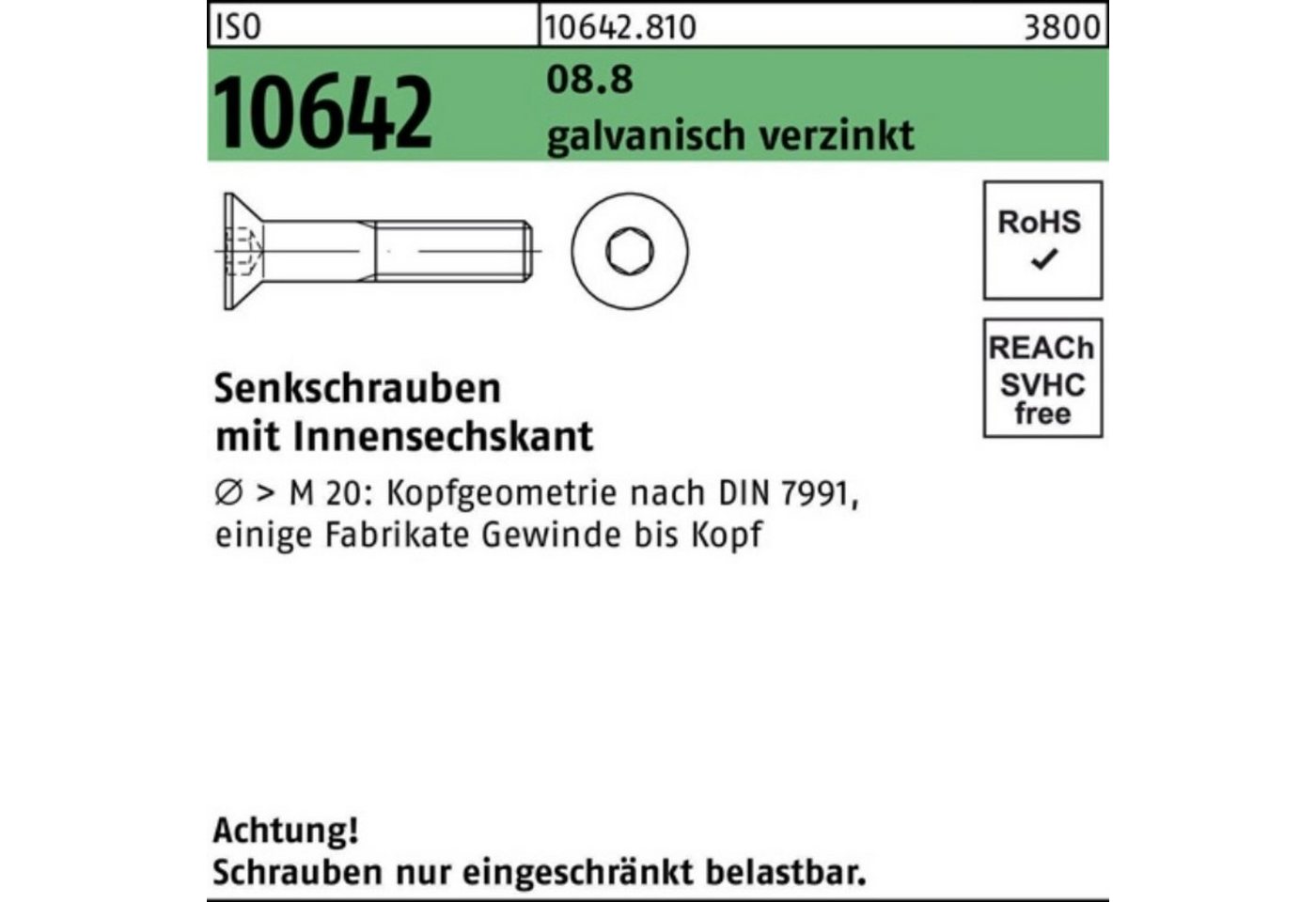 Reyher Senkschraube 200er Pack Senkschraube ISO 10642 Innen-6kt M8x 30 8.8 galv.verz. 200 von Reyher