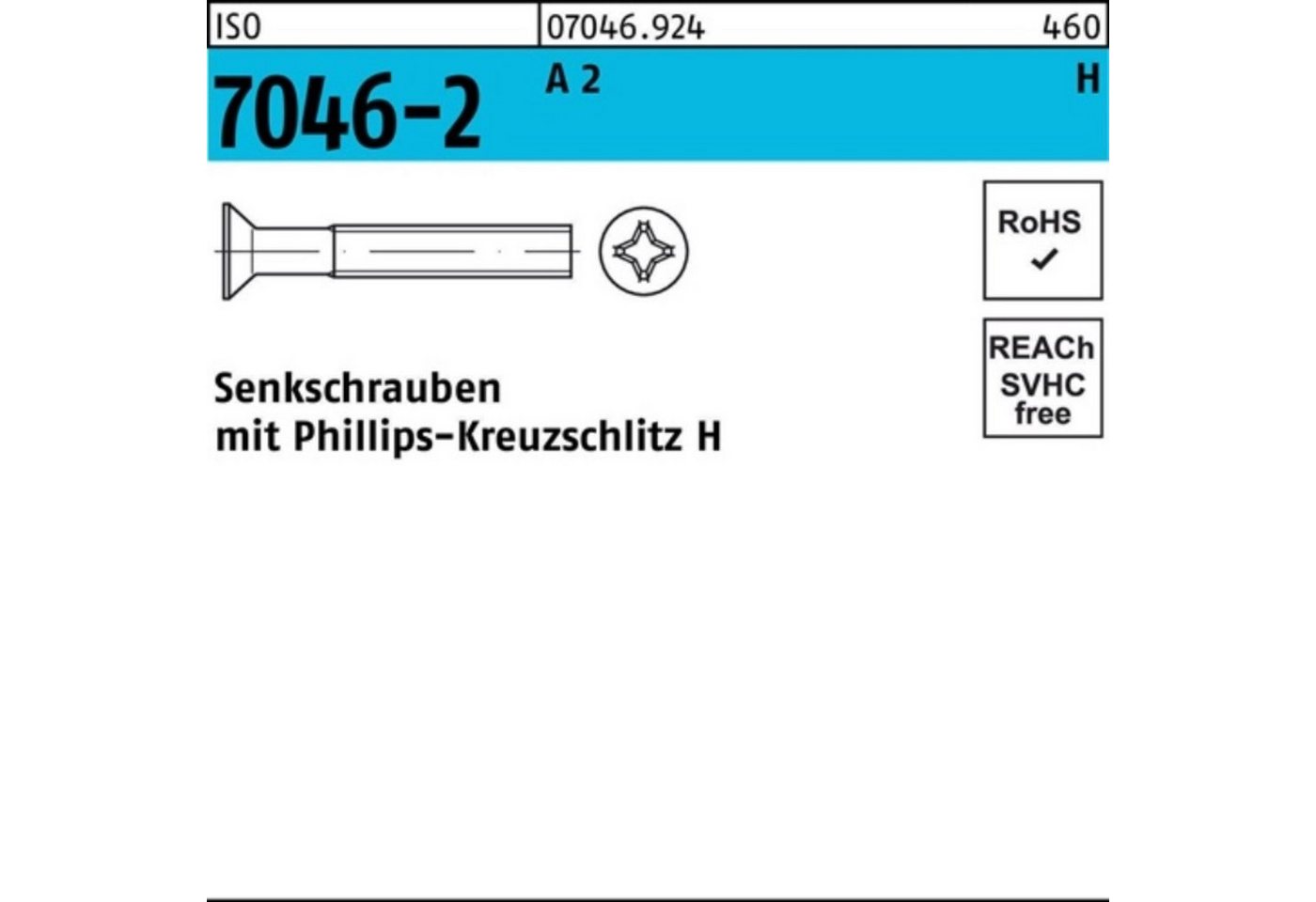 Reyher Senkschraube 500er Pack Senkschraube ISO 7046-2 PH M4x 45-H A 2 500 Stück ISO 7046 von Reyher