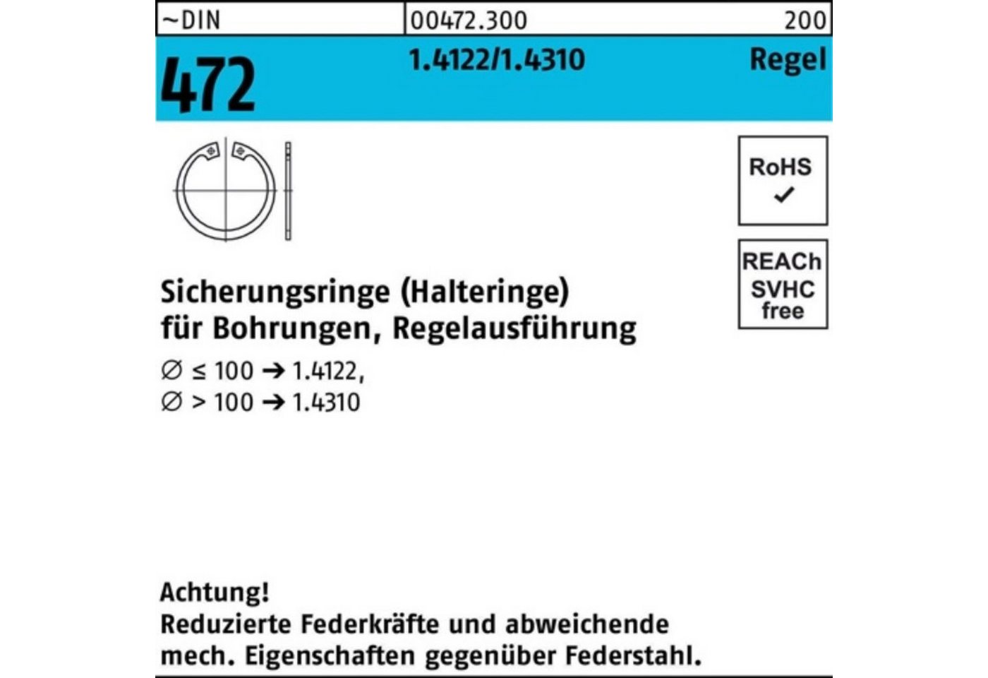 Reyher Sicherungsring 100er Pack Sicherungsring DIN 472 165x 4 1.4310 Regelausf. 1 Stück ~D von Reyher