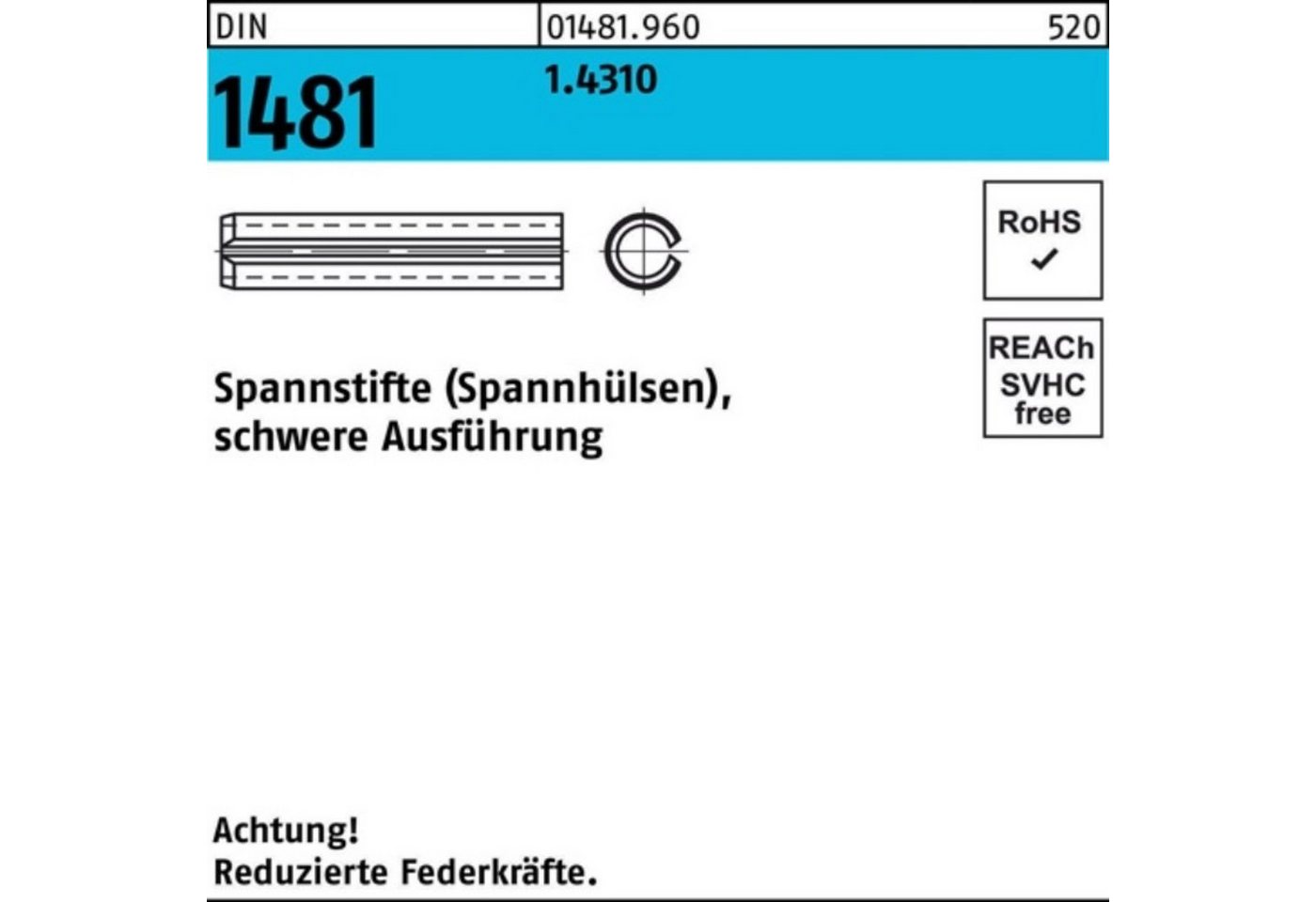 Reyher Spannstift 100er Pack Spannstift DIN 1481 10x 16 1.4310 schwere Ausführung 50 St von Reyher