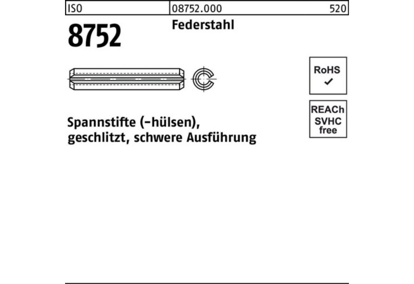 Reyher Spannstift 100er Pack Spannstift ISO 8752 geschlitzt 10x 85 Federstahl schwere Au von Reyher