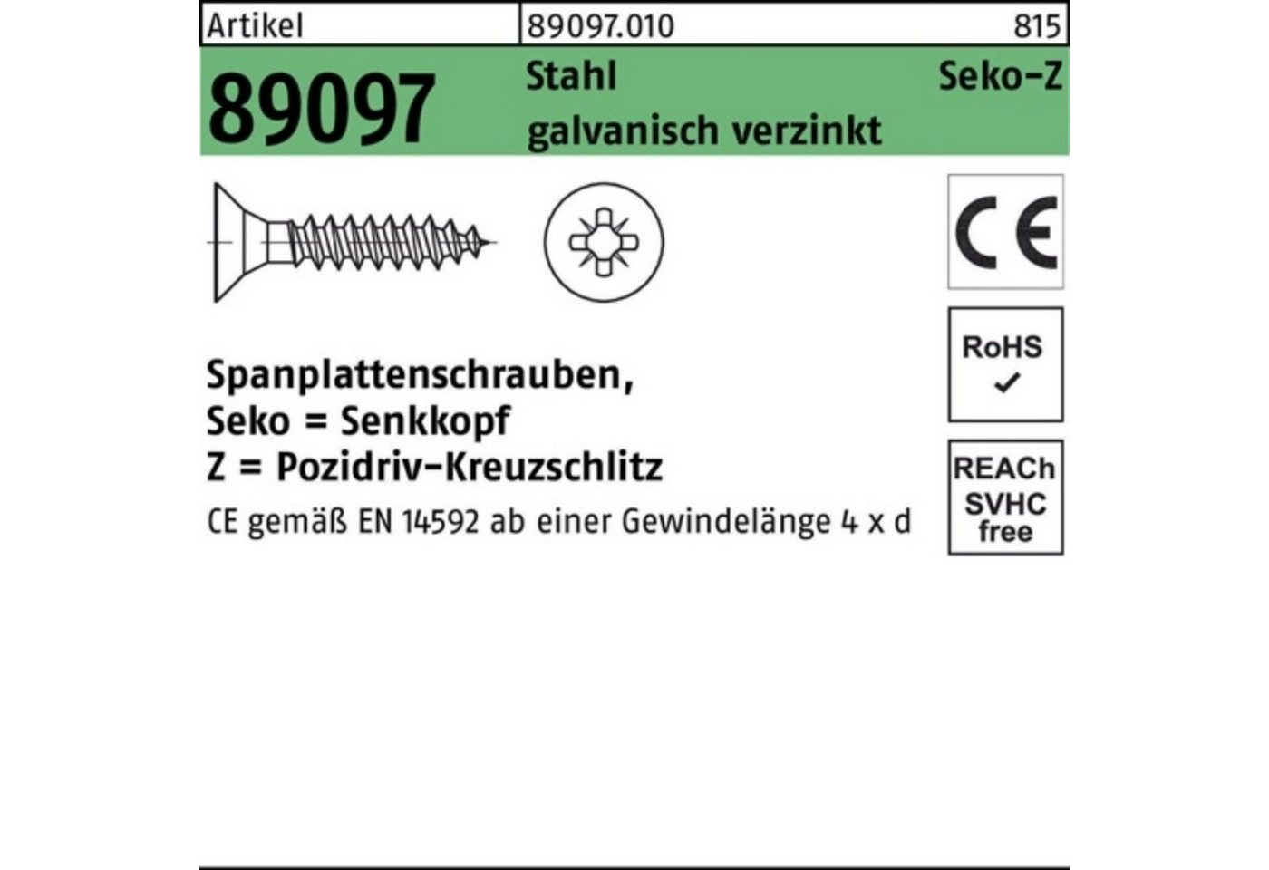 Reyher Spanplattenschraube 1000er Pack Spanplattenschraube R 89097 SEKO PZ VG 3,5x25-Z Stahl galv von Reyher