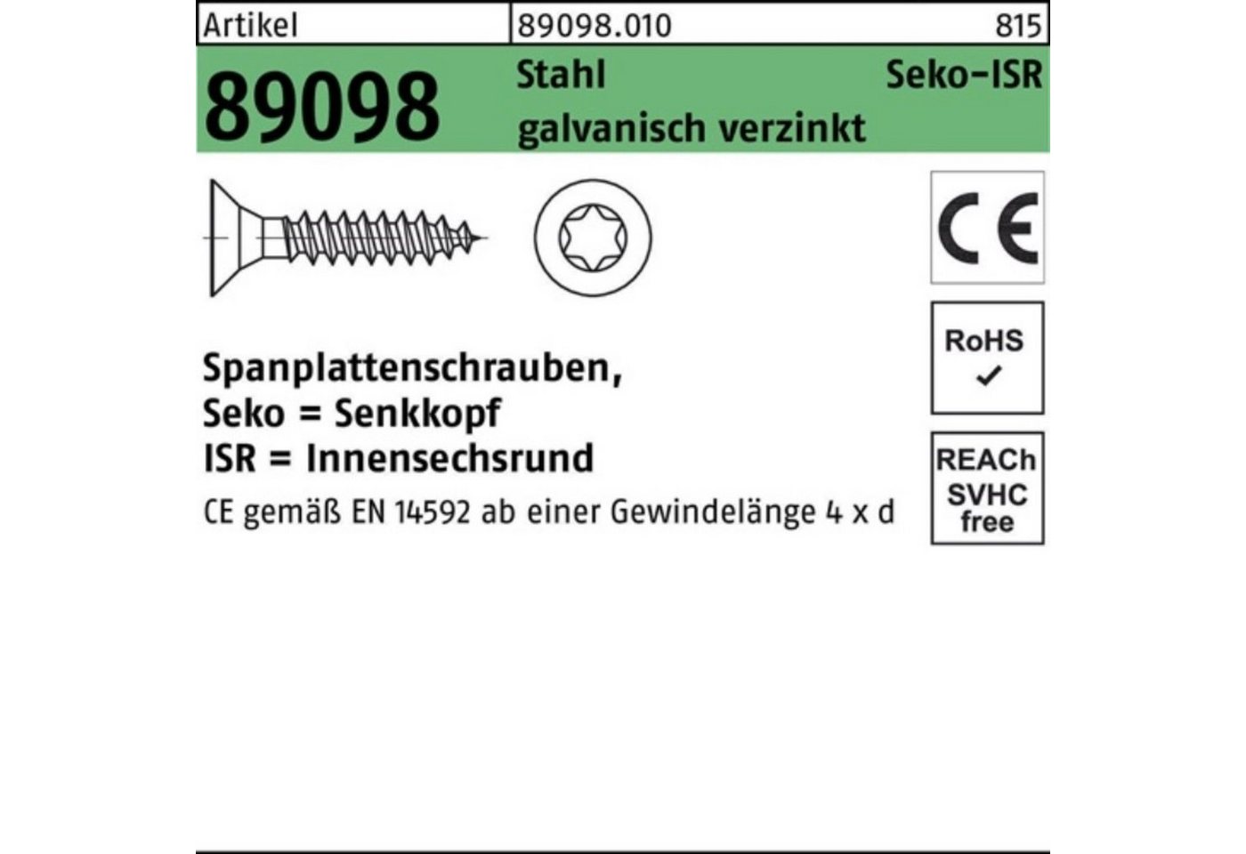 Reyher Spanplattenschraube 1000er Pack Spanplattenschraube R 89098 SEKO ISR VG 3,5x40-T15 Stahl g von Reyher