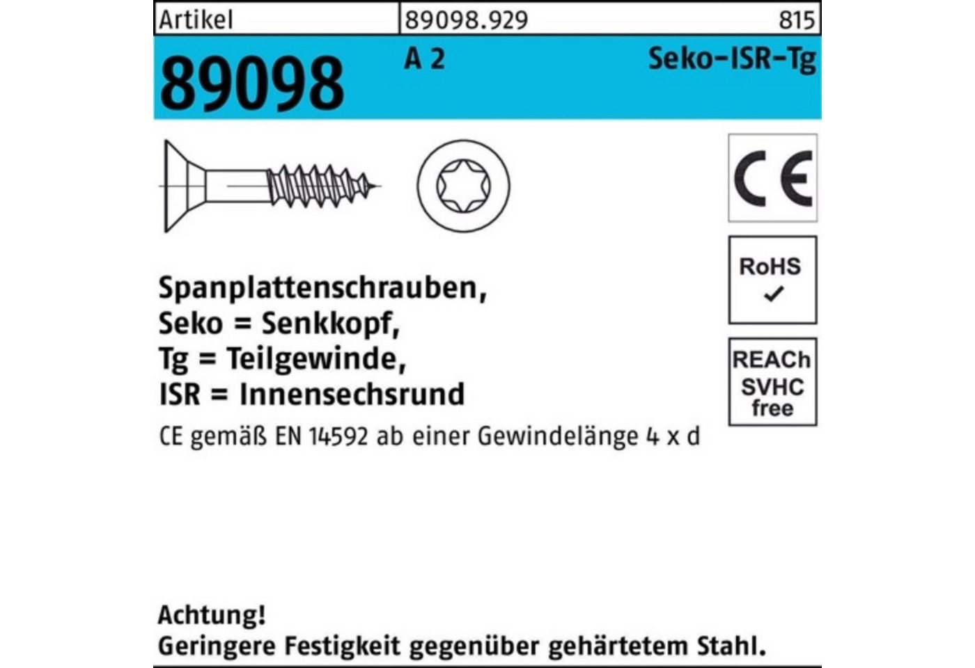 Reyher Spanplattenschraube 100er Pack Spanplattenschraube R 89098 SEKO ISR TG 5x 100-T25 A 2 100 von Reyher