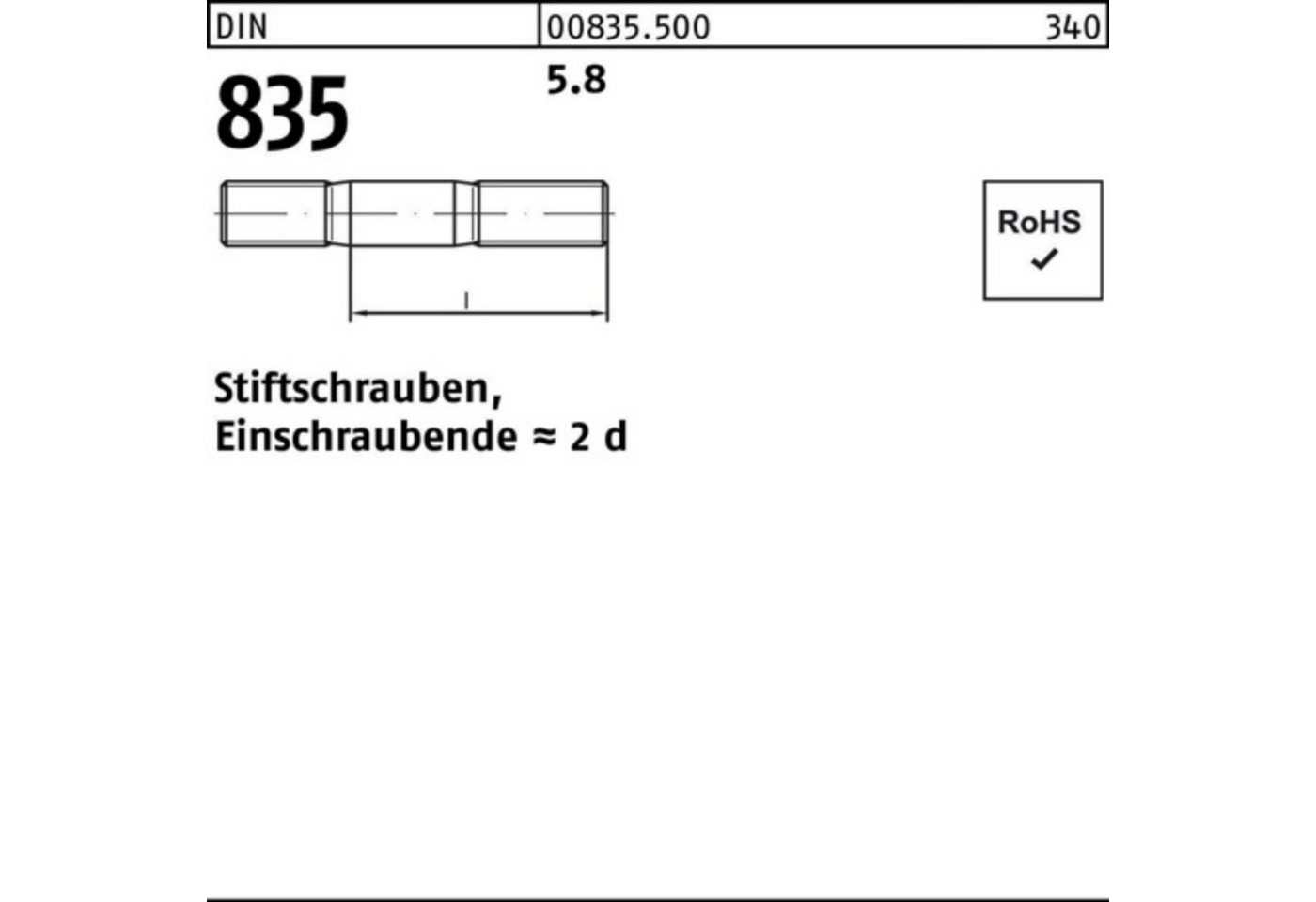 Reyher Stiftschraube 100er Pack Stiftschraube DIN 835 M8x 80 5.8 Einschraubende=2d 100 Stü von Reyher