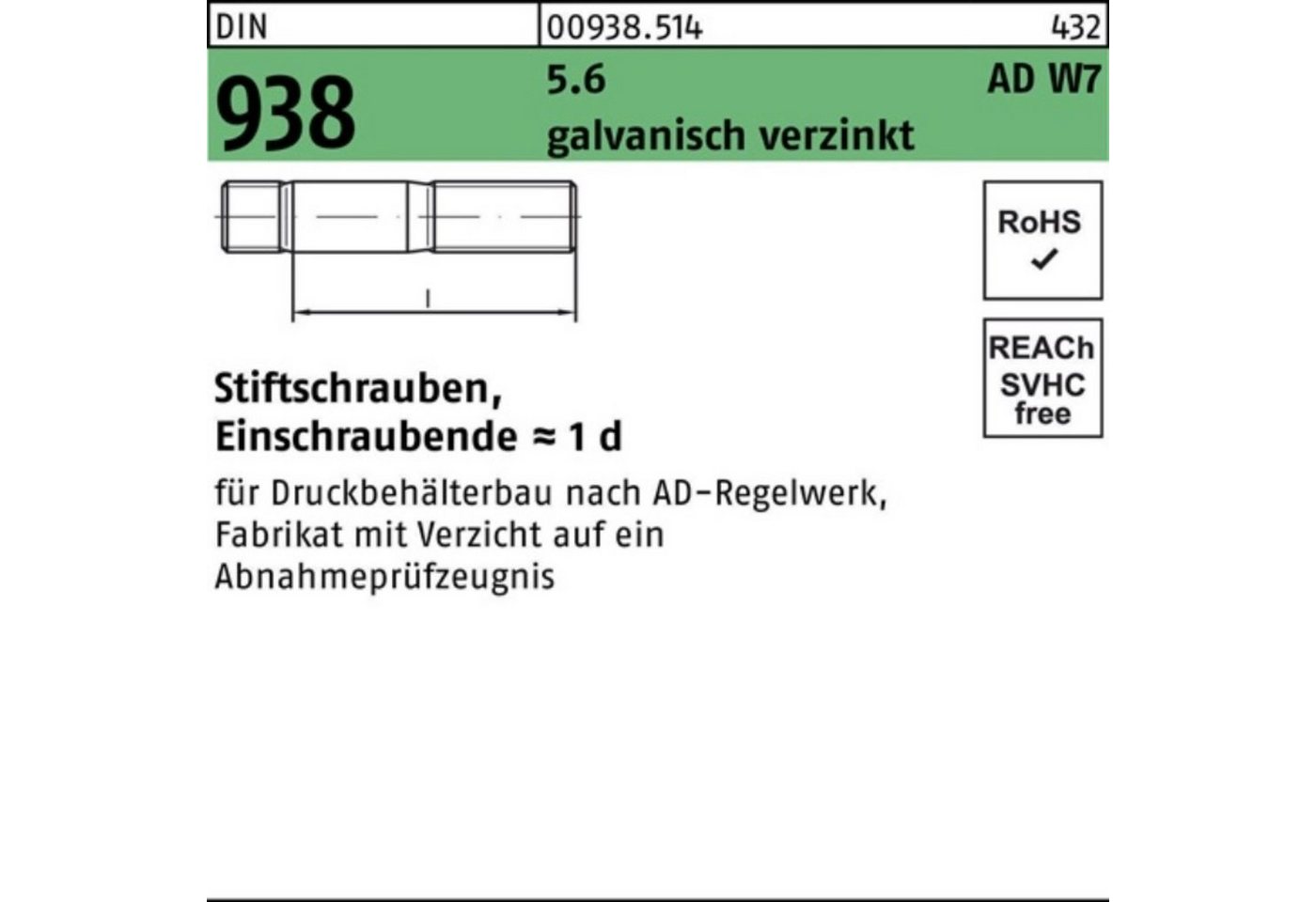 Reyher Stiftschraube 100er Pack Stiftschraube DIN 938 M16x 45 5.6 galv.verz. 50 Stück DIN von Reyher