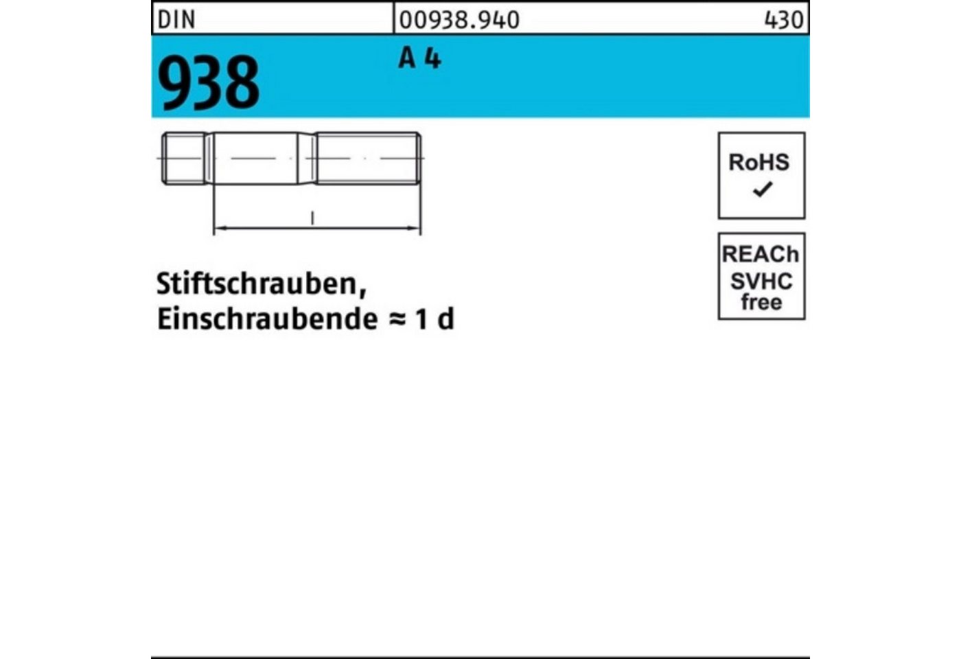 Reyher Stiftschraube 100er Pack Stiftschraube DIN 938 M20x 90 A 4 1 Stück DIN 938 A 4 Stif von Reyher