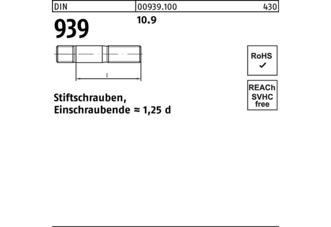 Reyher Stiftschraube 100er Pack Stiftschraube DIN 939 M20x 110 10.9 Einschraubende=1,25d 10 von Reyher