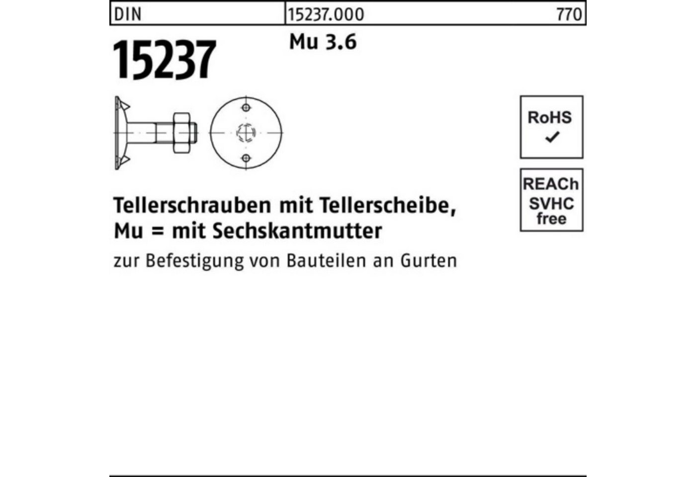 Reyher Teller 100er Pack Tellerschraube DIN 15237 6-ktmutter M10x 50 3.6 100 Stück von Reyher