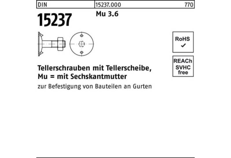 Reyher Teller 100er Pack Tellerschraube DIN 15237 6-ktmutter M12x 60 3.6 100 Stück von Reyher