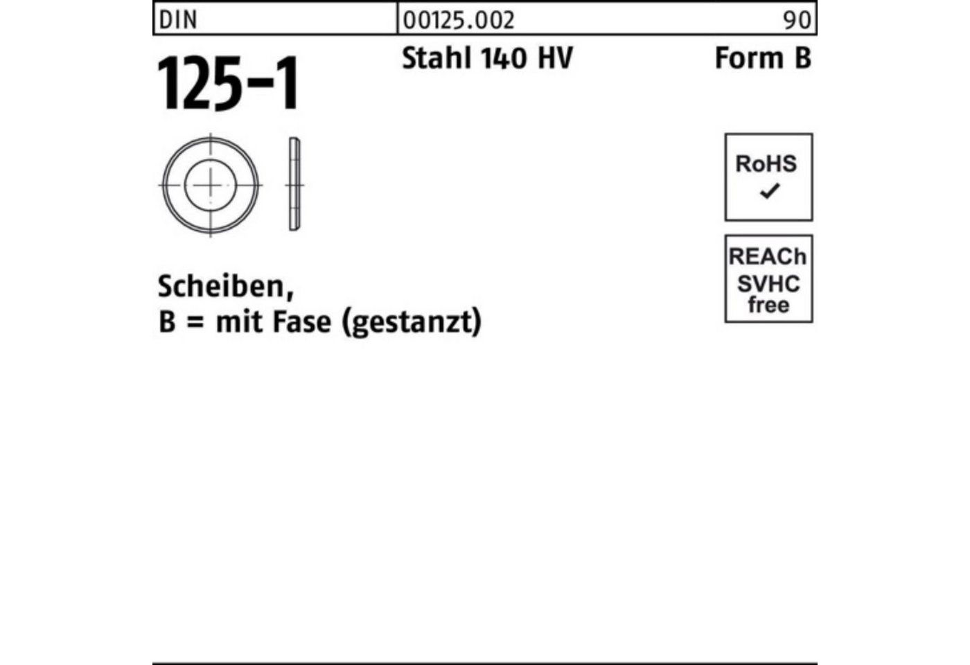 Reyher Unterlegscheibe 100er Pack Unterlegscheibe DIN 125-1 B 74x125x10 Stahl 140 HV 1 Stück von Reyher