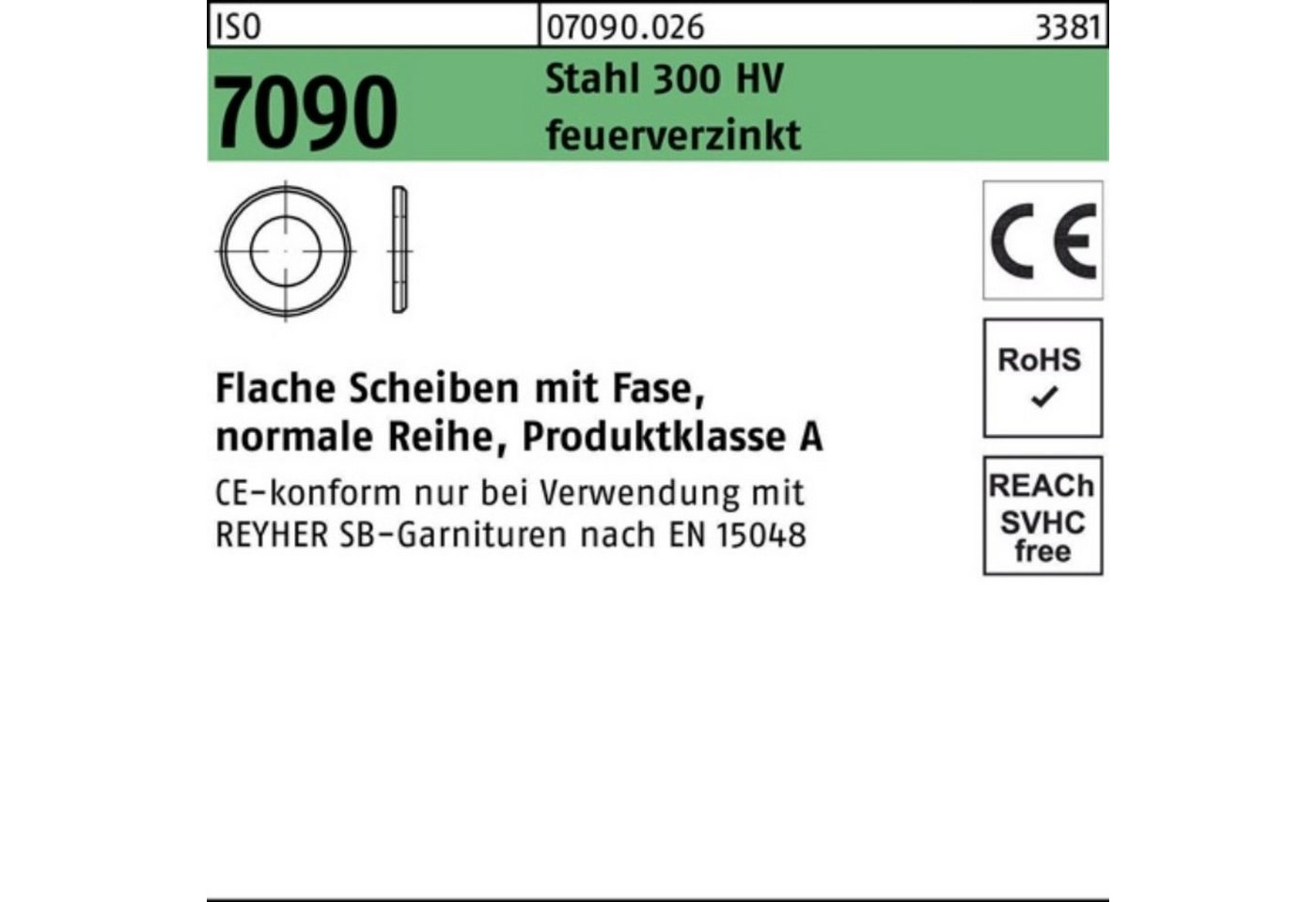 Reyher Unterlegscheibe 100er Pack Unterlegscheibe ISO 7090 Fase 30 Stahl 300 HV feuerverz. 50 von Reyher