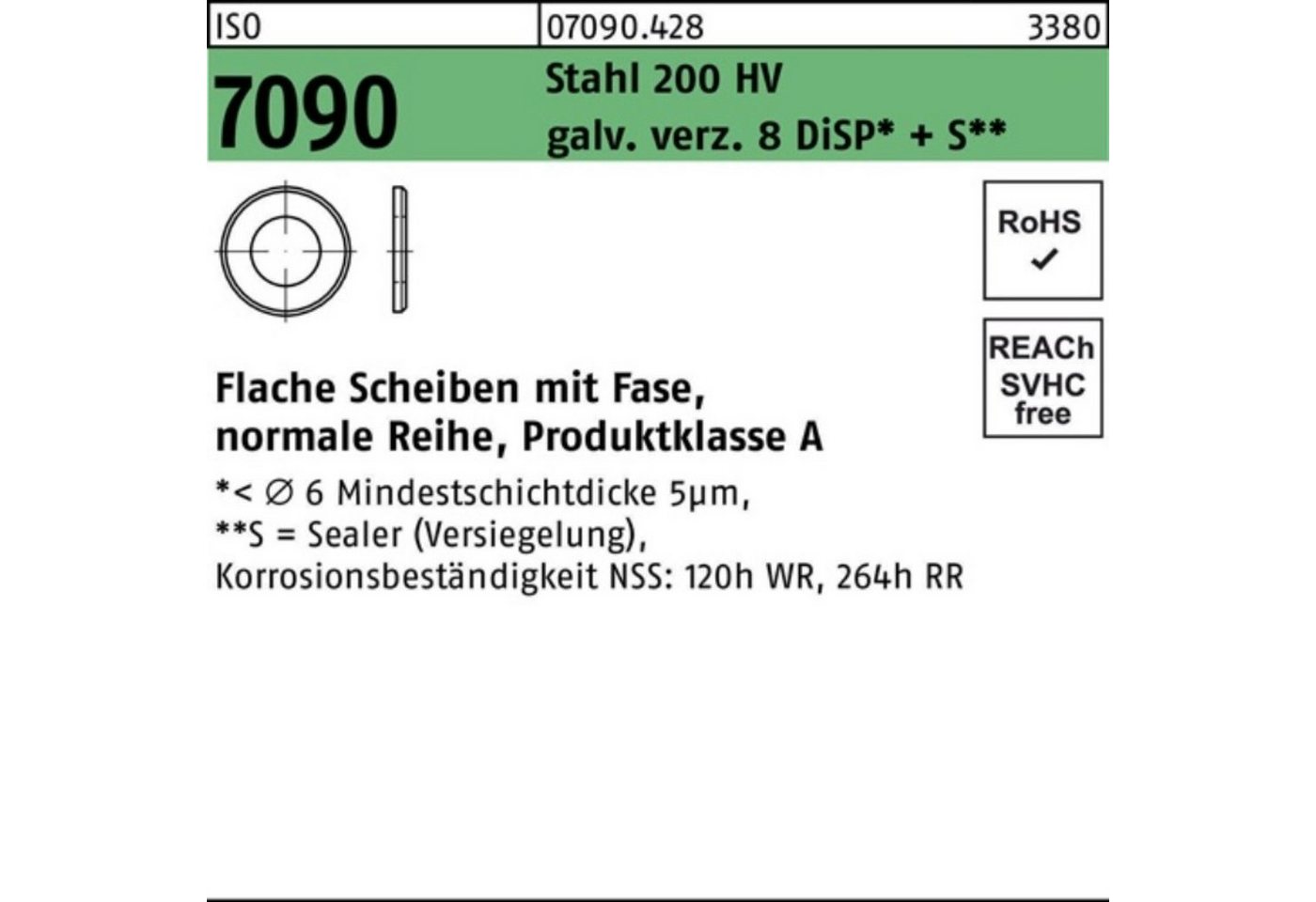 Reyher Unterlegscheibe 100er Pack Unterlegscheibe ISO 7090 Fase 42 Stahl 200 HV galv.verz.+S von Reyher