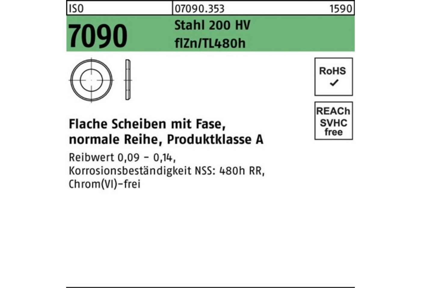 Reyher Unterlegscheibe 500er Pack Unterlegscheibe ISO 7090 Fase 10 St. 200 HV zinkbes Gleitm. von Reyher