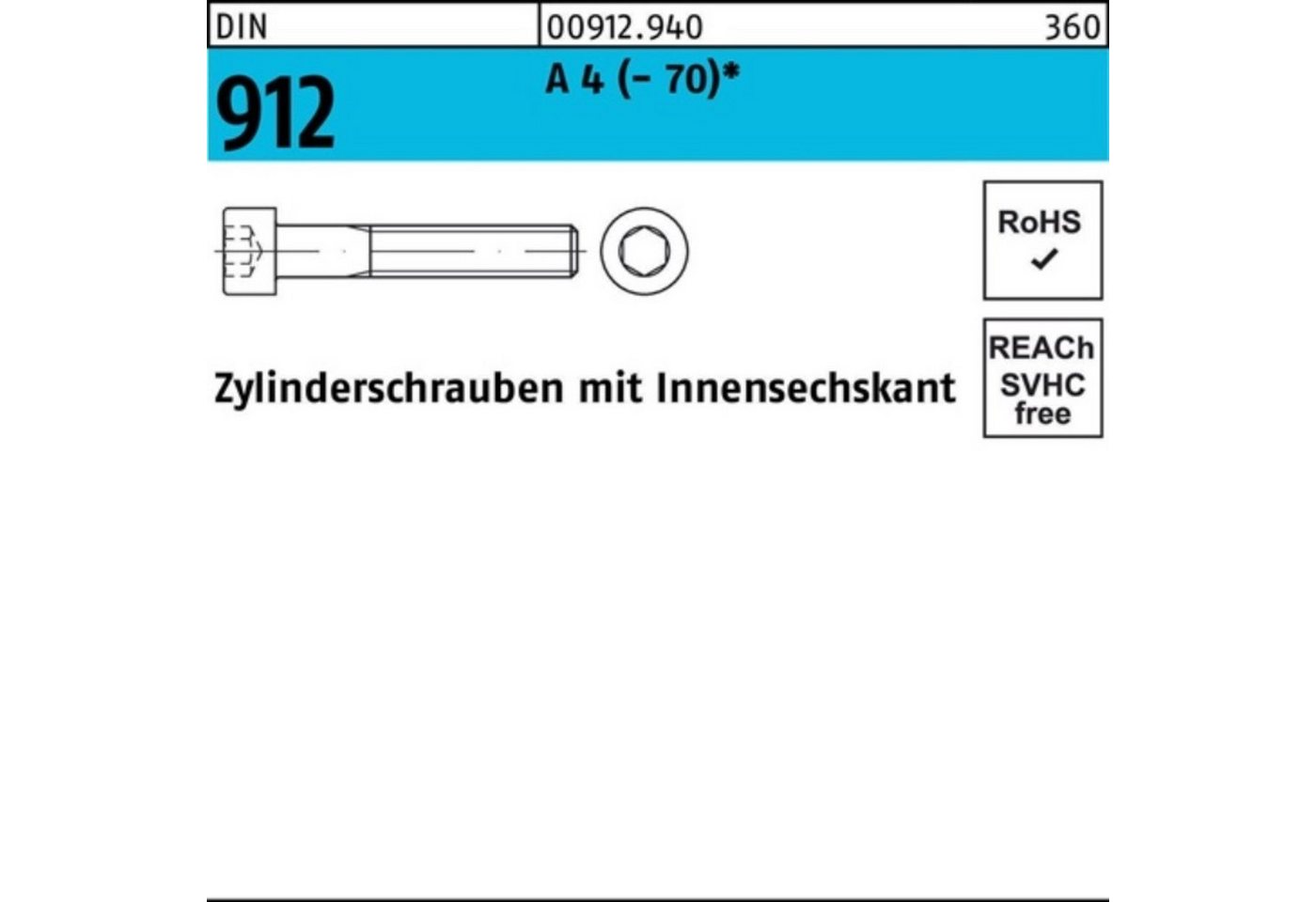 Reyher Zylinderschraube 100er Pack Zylinderschraube DIN 912 Innen-6kt M10x 150 A 4 (70) 1 St von Reyher