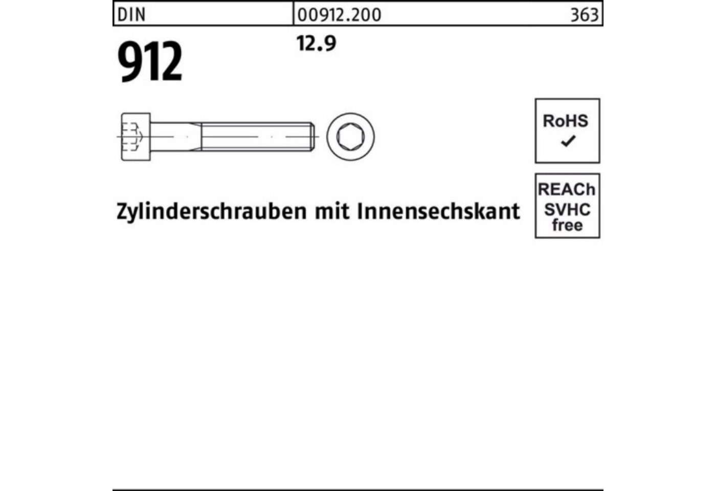 Reyher Zylinderschraube 100er Pack Zylinderschraube DIN 912 Innen-6kt M12x 110 12.9 50 Stück von Reyher