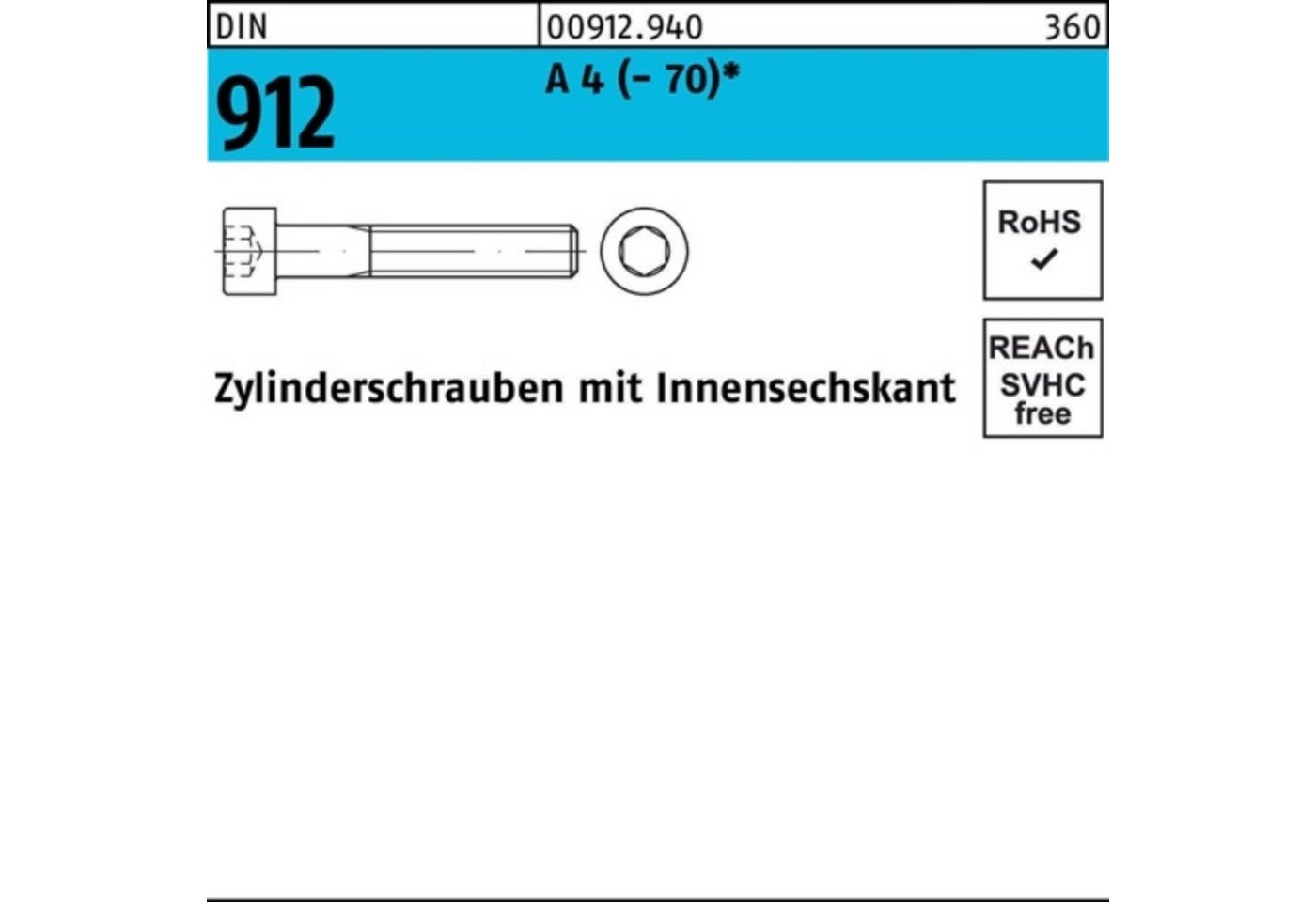 Reyher Zylinderschraube 100er Pack Zylinderschraube DIN 912 Innen-6kt M16x 260 A 4 (70) 1 St von Reyher