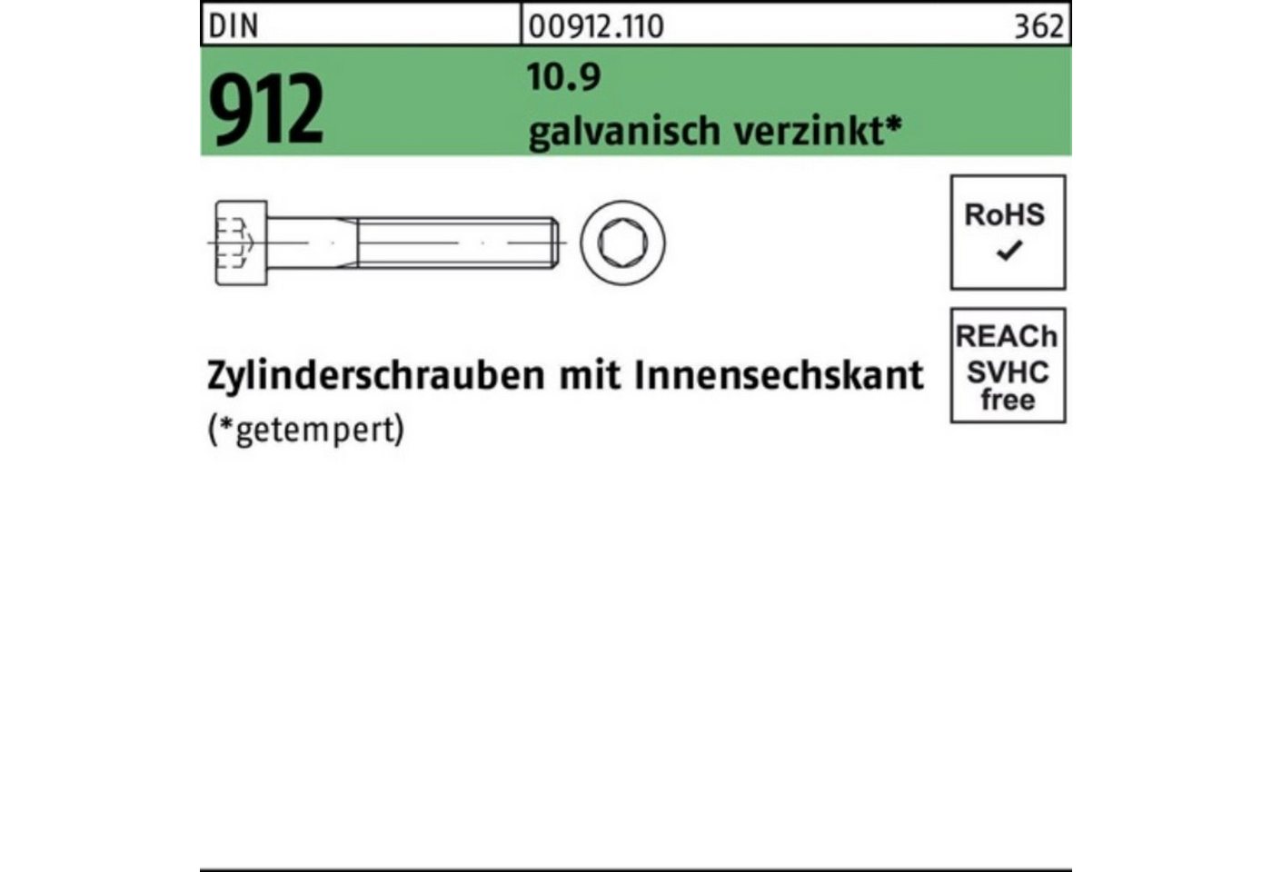 Reyher Zylinderschraube 100er Pack Zylinderschraube DIN 912 Innen-6kt M16x210 10.9 galv.verz. von Reyher