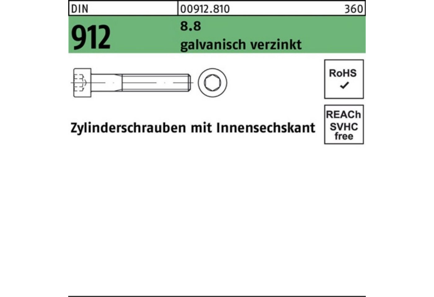 Reyher Zylinderschraube 100er Pack Zylinderschraube DIN 912 Innen-6kt M18x60 8.8 galv.verz. 25 von Reyher