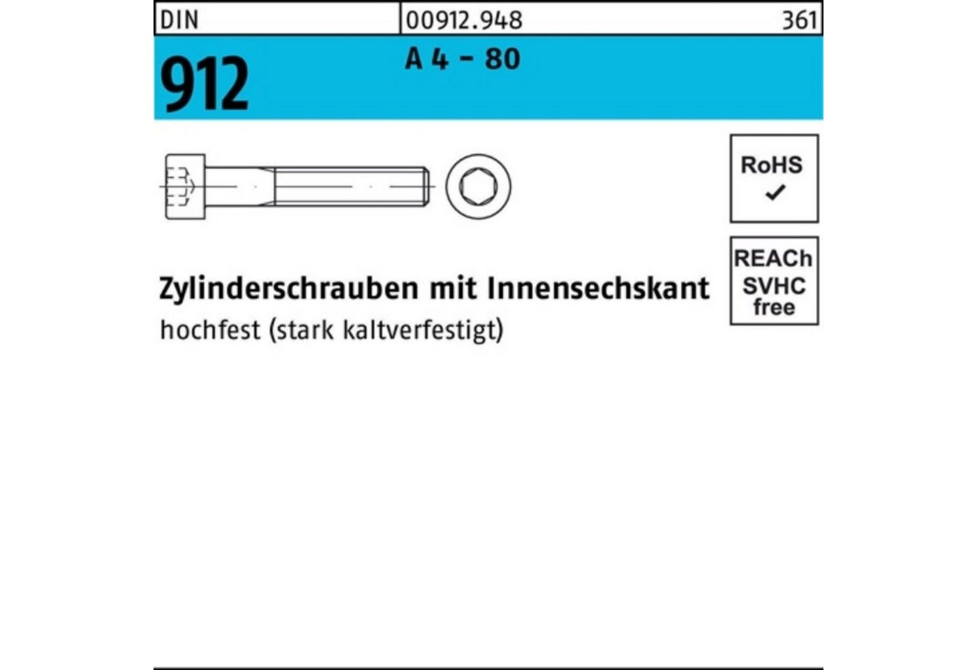 Reyher Zylinderschraube 100er Pack Zylinderschraube DIN 912 Innen-6kt M20x 110 A 4 - 80 1 Stü von Reyher