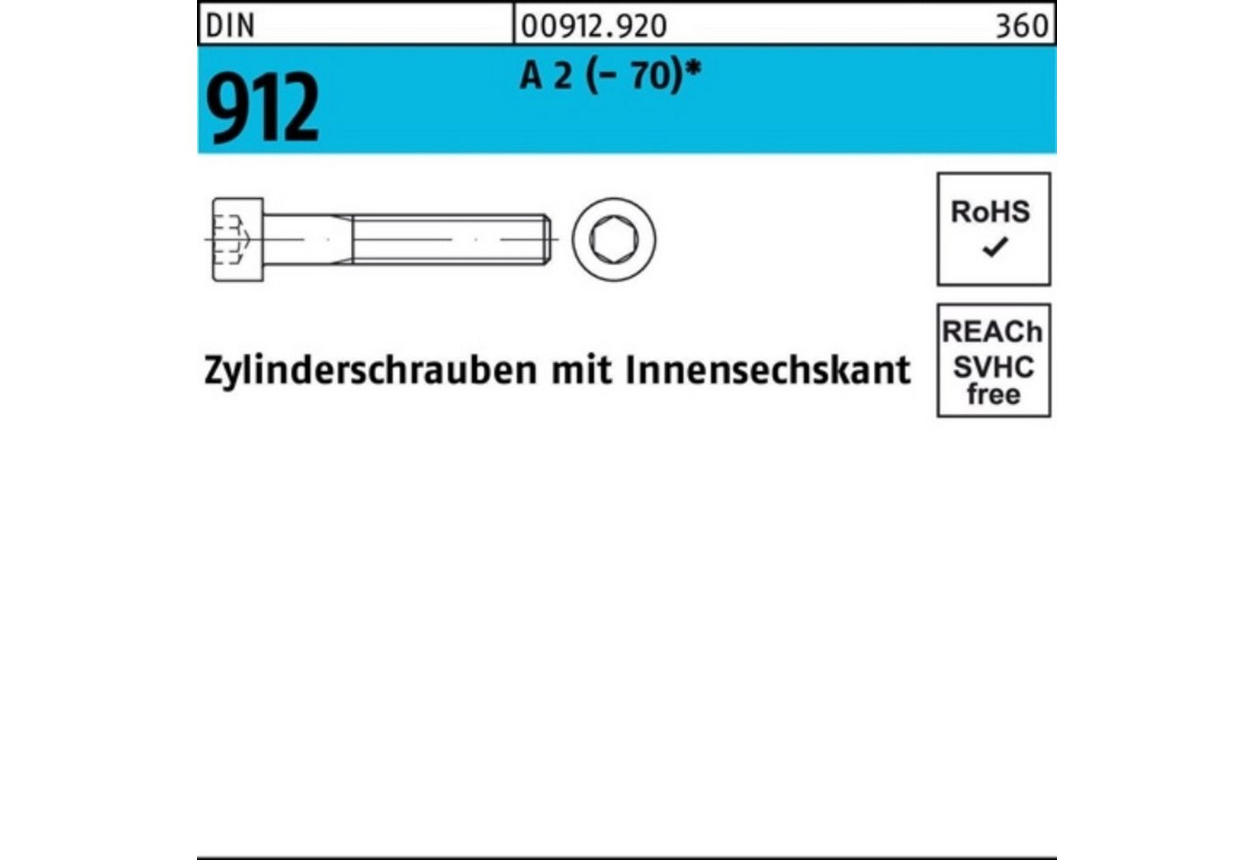 Reyher Zylinderschraube 100er Pack Zylinderschraube DIN 912 Innen-6kt M20x 150 A 2 (70) 1 St von Reyher