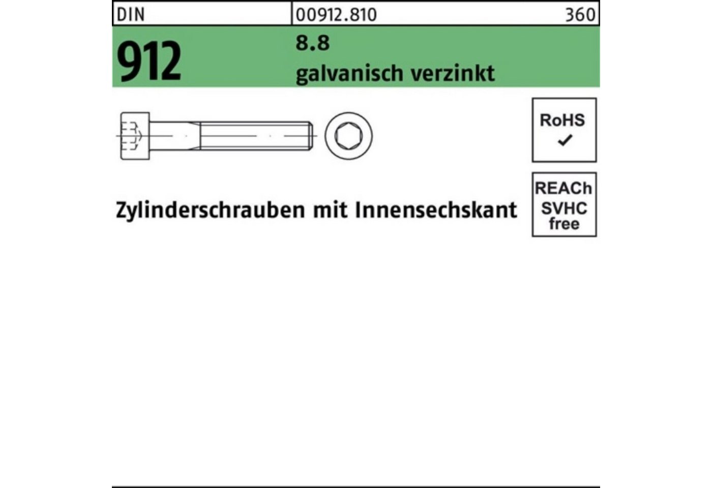 Reyher Zylinderschraube 100er Pack Zylinderschraube DIN 912 Innen-6kt M20x230 8.8 galv.verz. 1 von Reyher