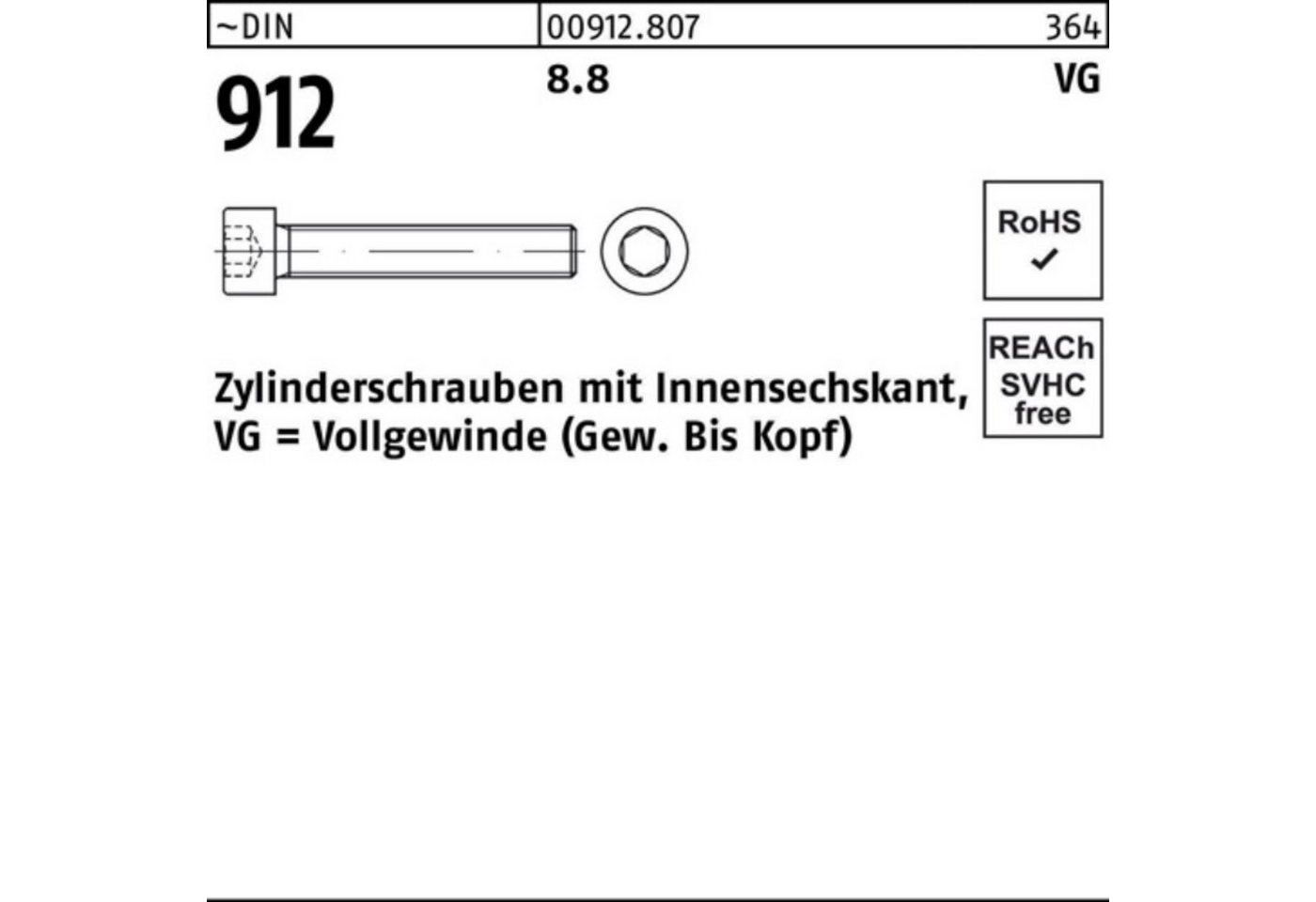 Reyher Zylinderschraube 100er Pack Zylinderschraube DIN 912 Innen-6kt VG M8x 100 8.8 100 Stüc von Reyher