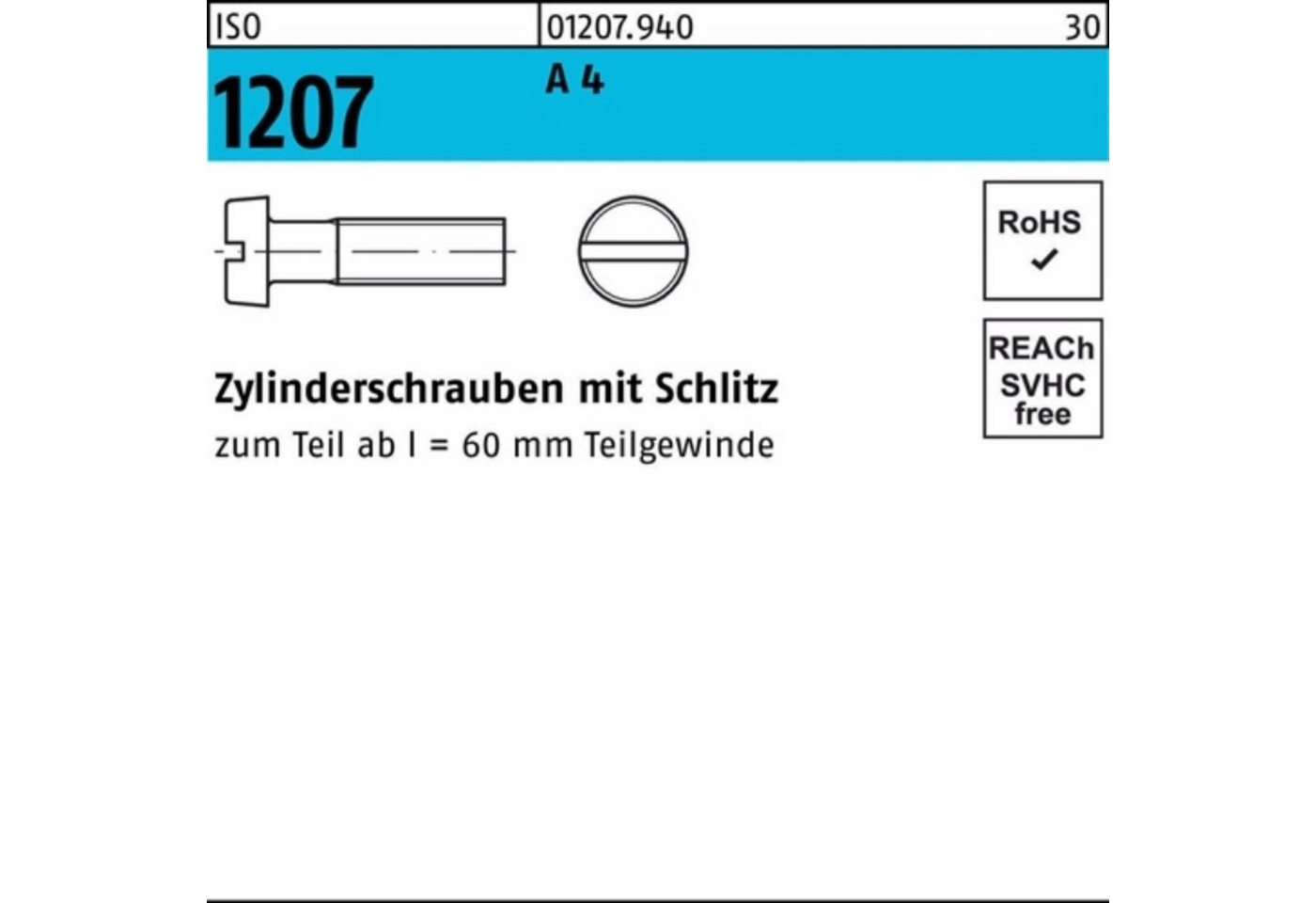 Reyher Zylinderschraube 100er Pack Zylinderschraube ISO 1207 Schlitz M8x 20 A 4 100 Stück ISO von Reyher